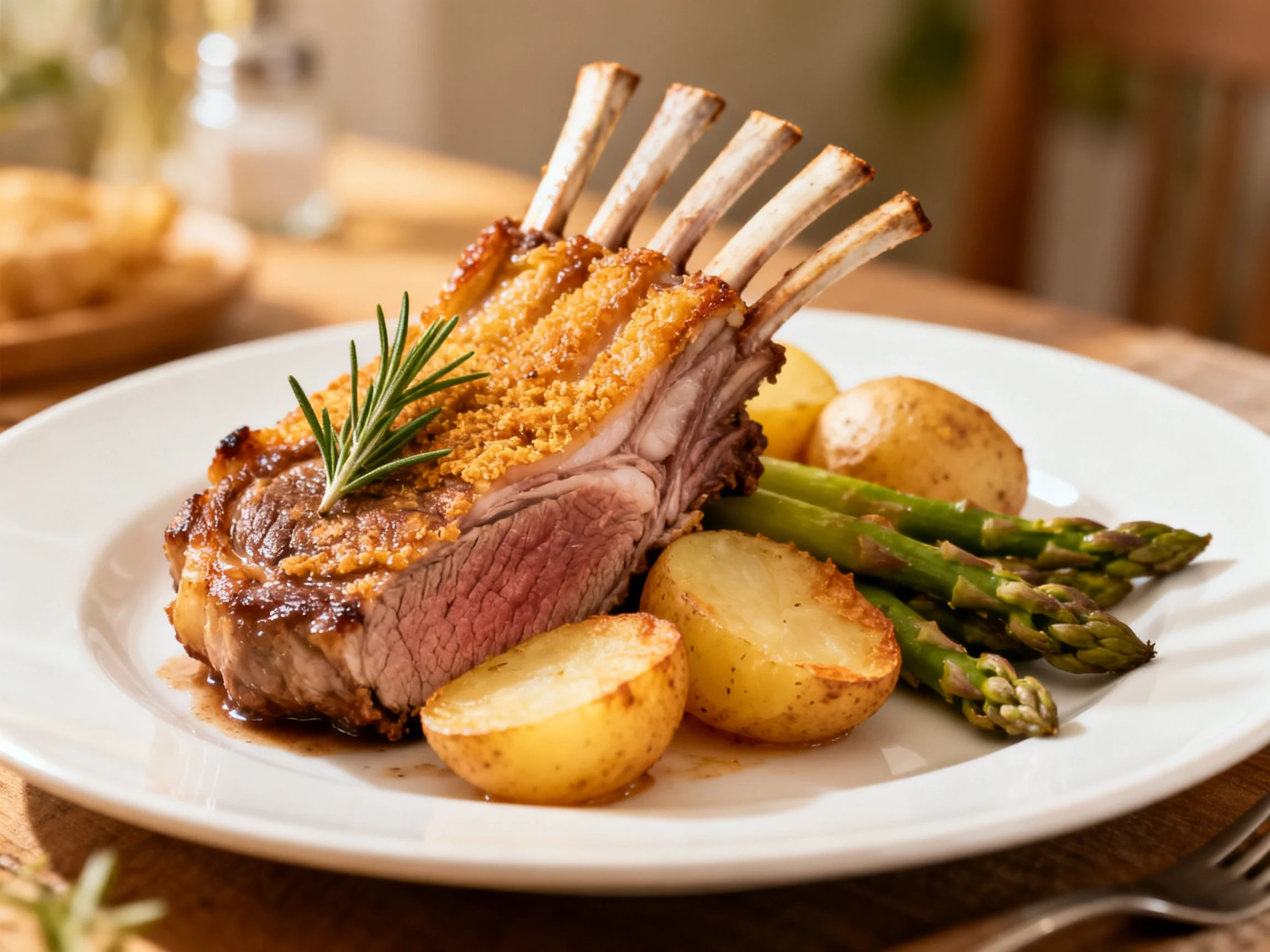 A golden-crusted rack of lamb served with roasted potatoes and asparagus