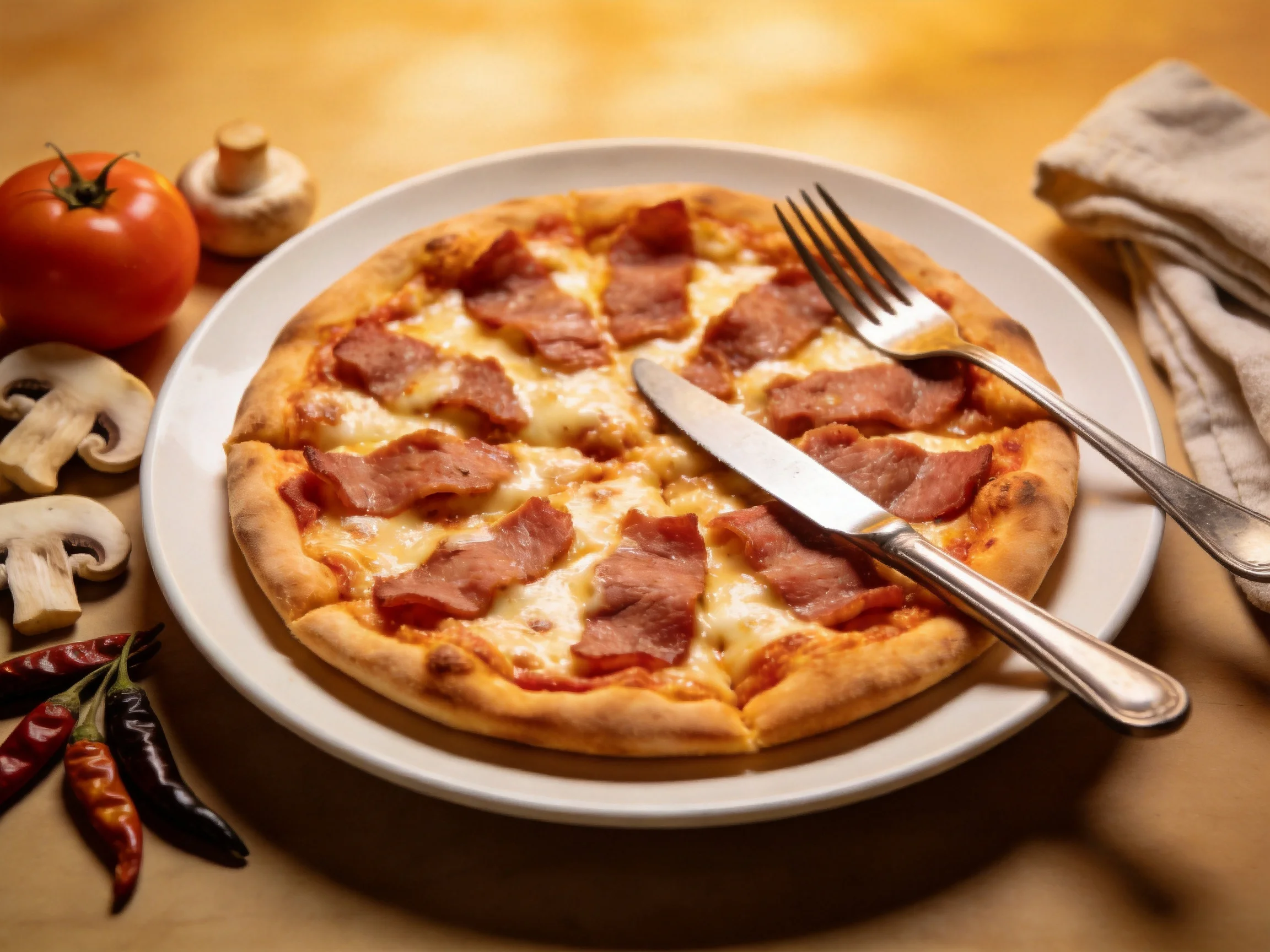 A golden-hued pizza with ham slices served on a white plate