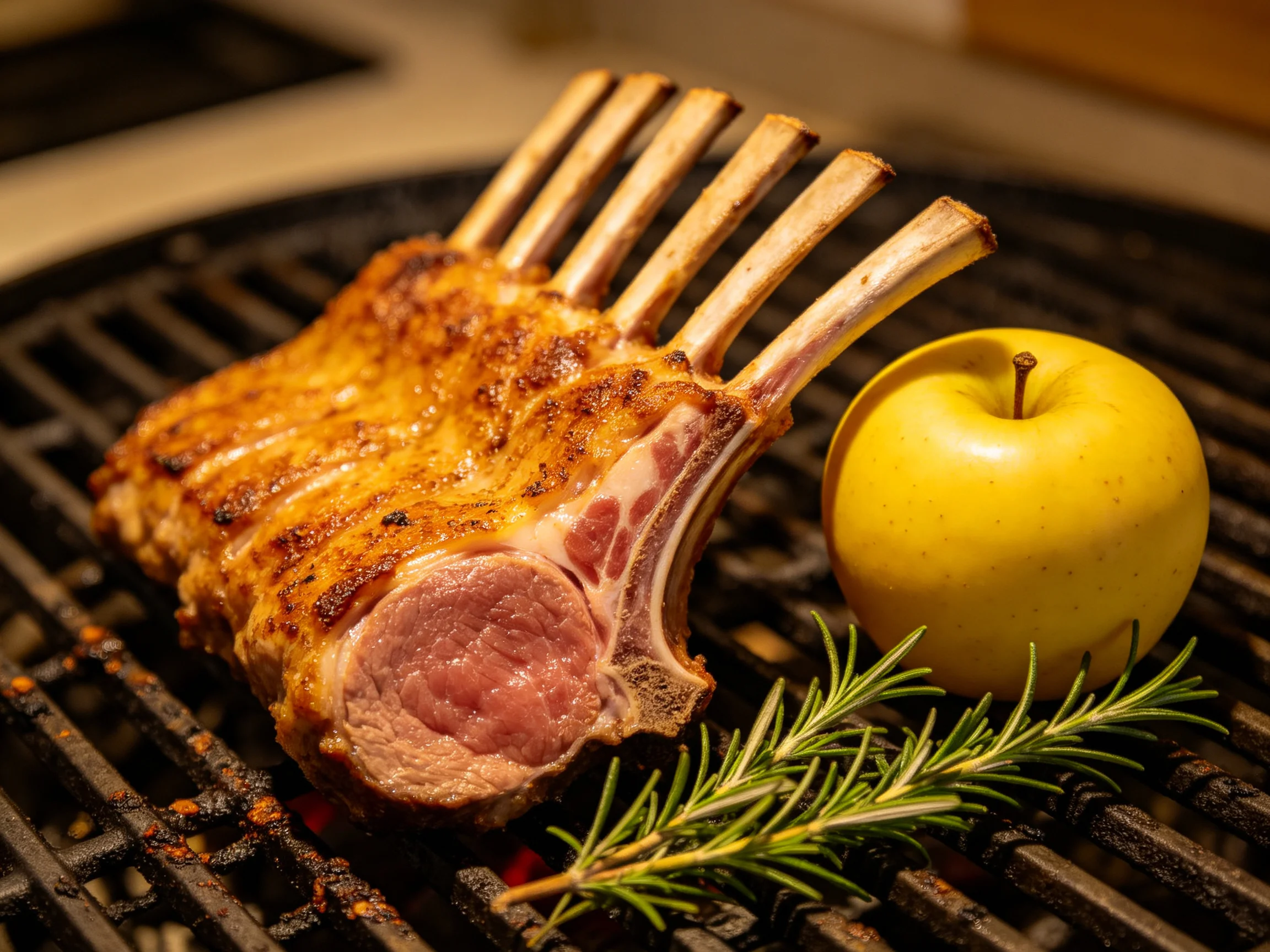 A golden lamb rack grills beside a yellow apple with rosemary