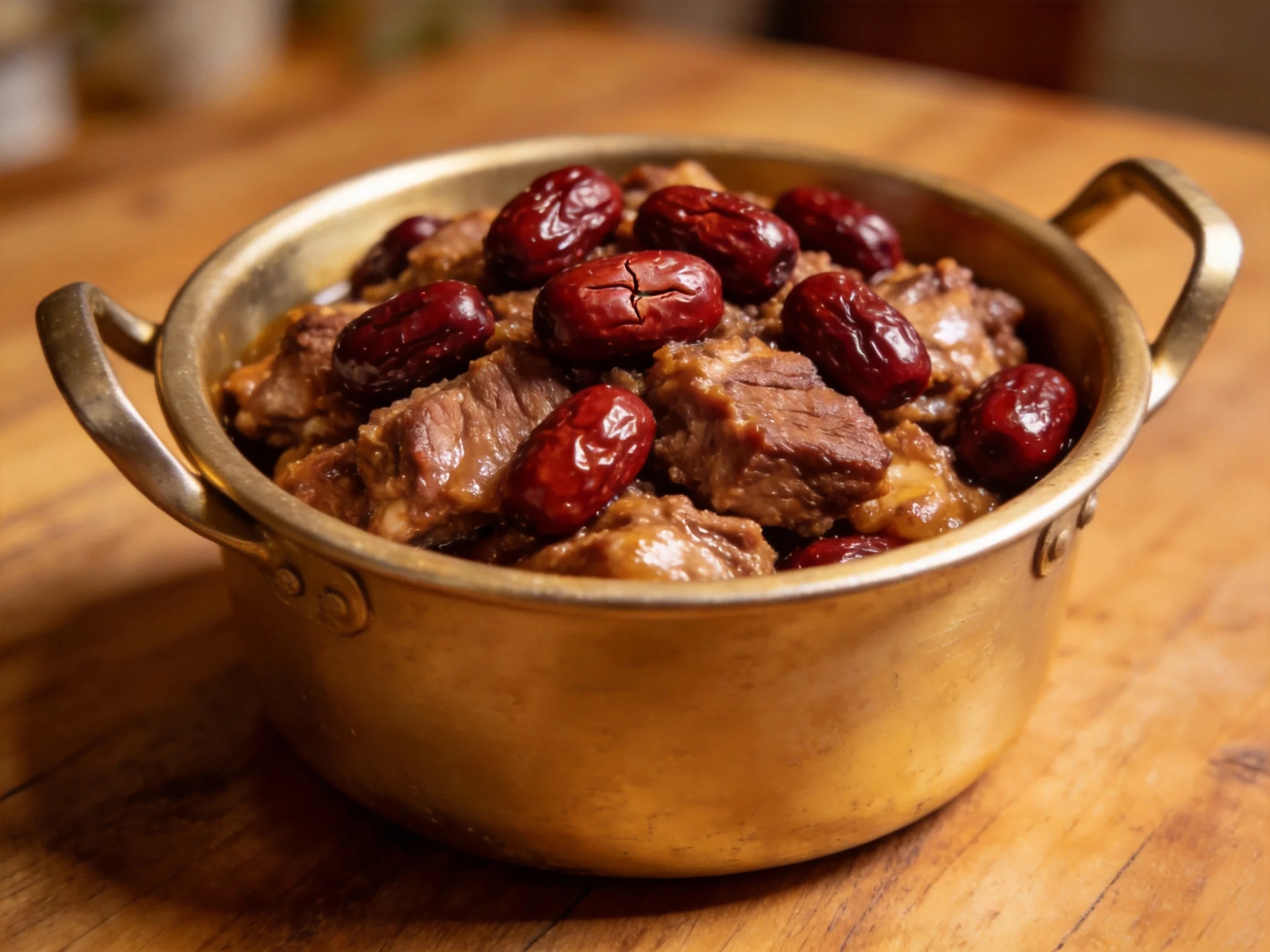 A golden pot filled with tender beef and glossy red dates