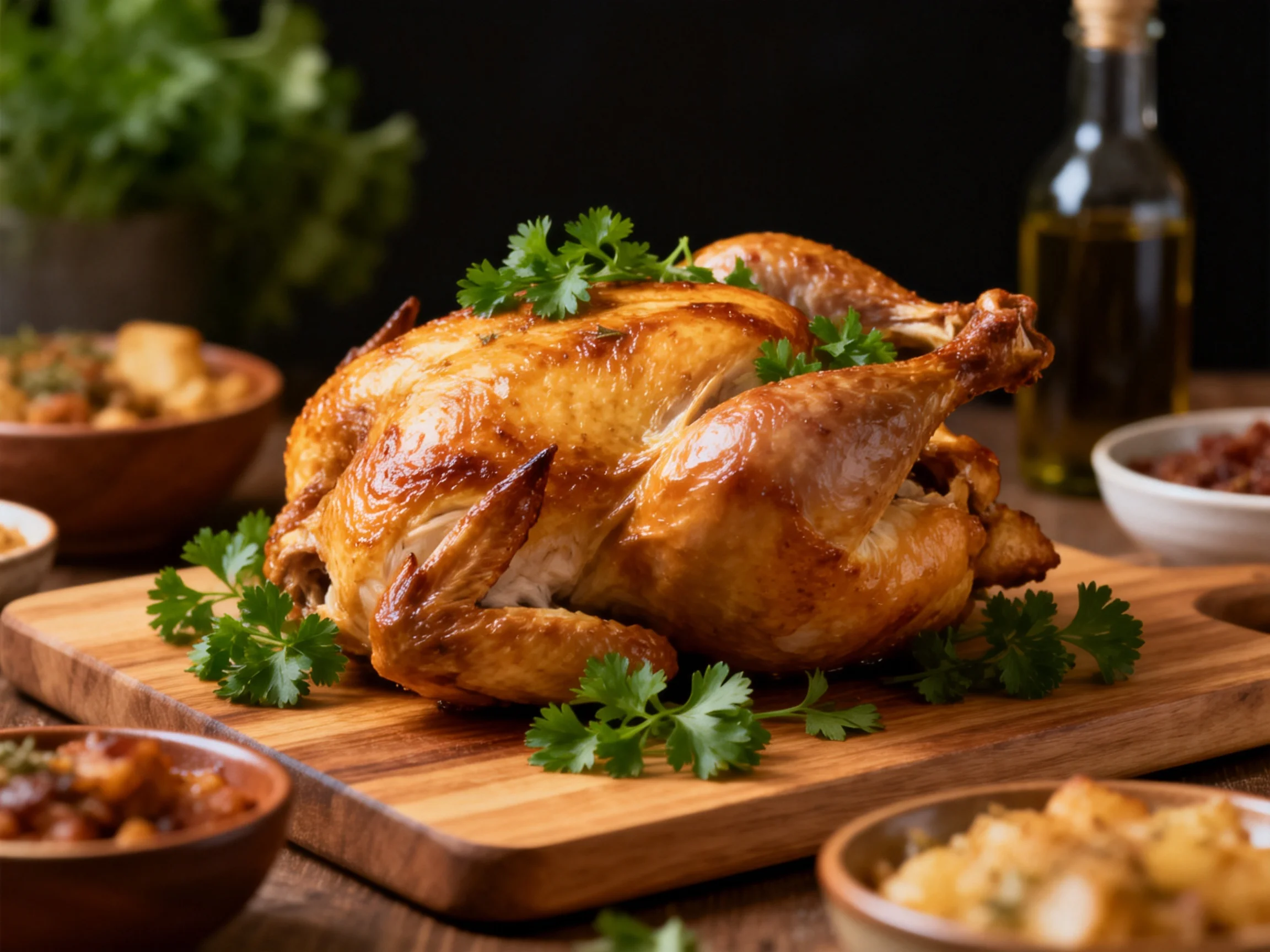 A golden-roasted chicken garnished with fresh parsley on a wooden board