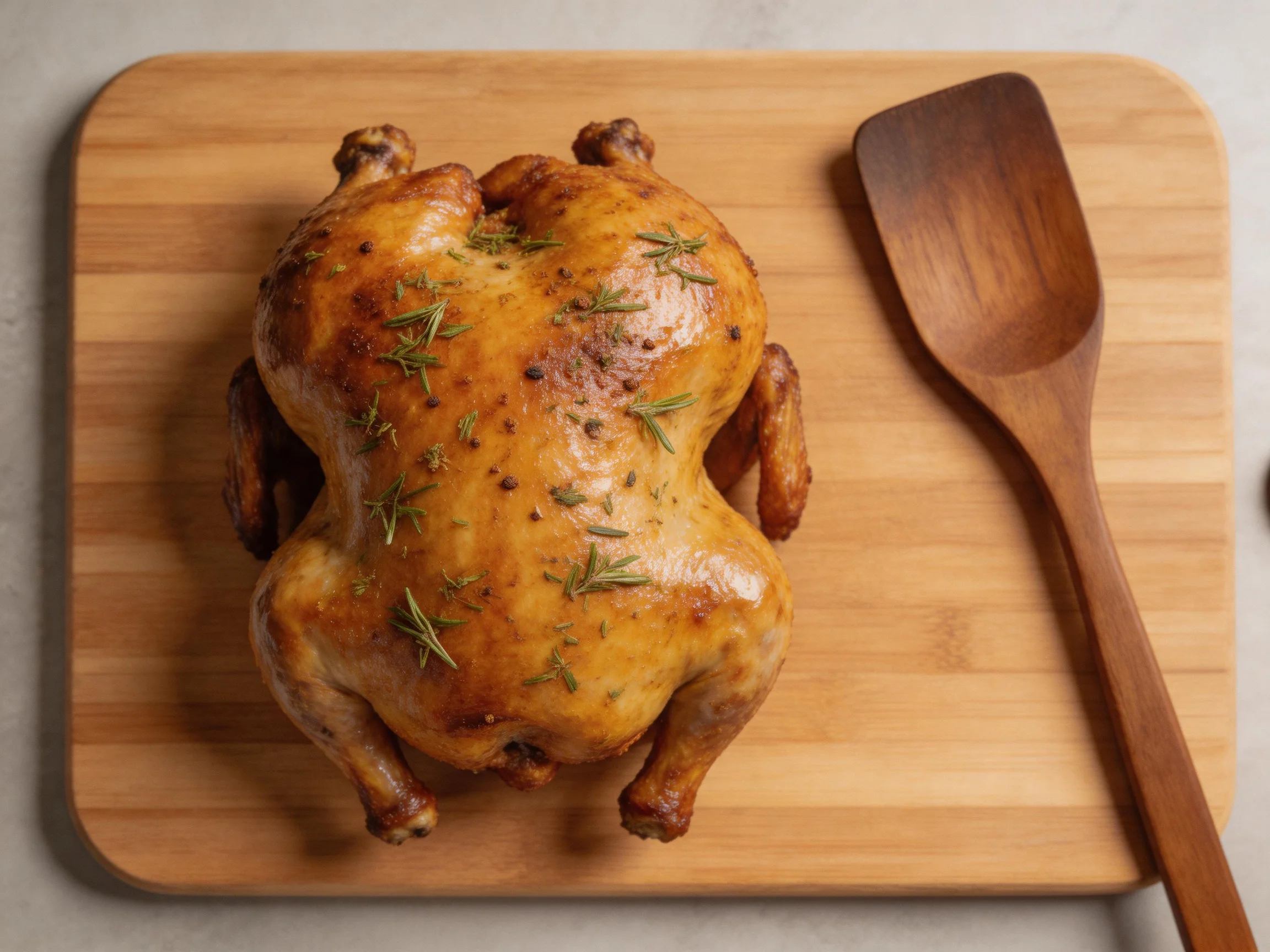 A golden-roasted chicken garnished with herbs on a bamboo cutting board