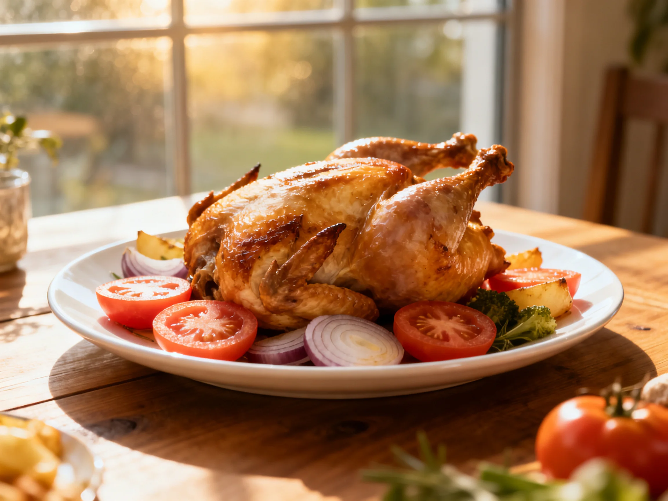 A golden-roasted chicken served with tomatoes, onions, and potatoes near a sunlit window