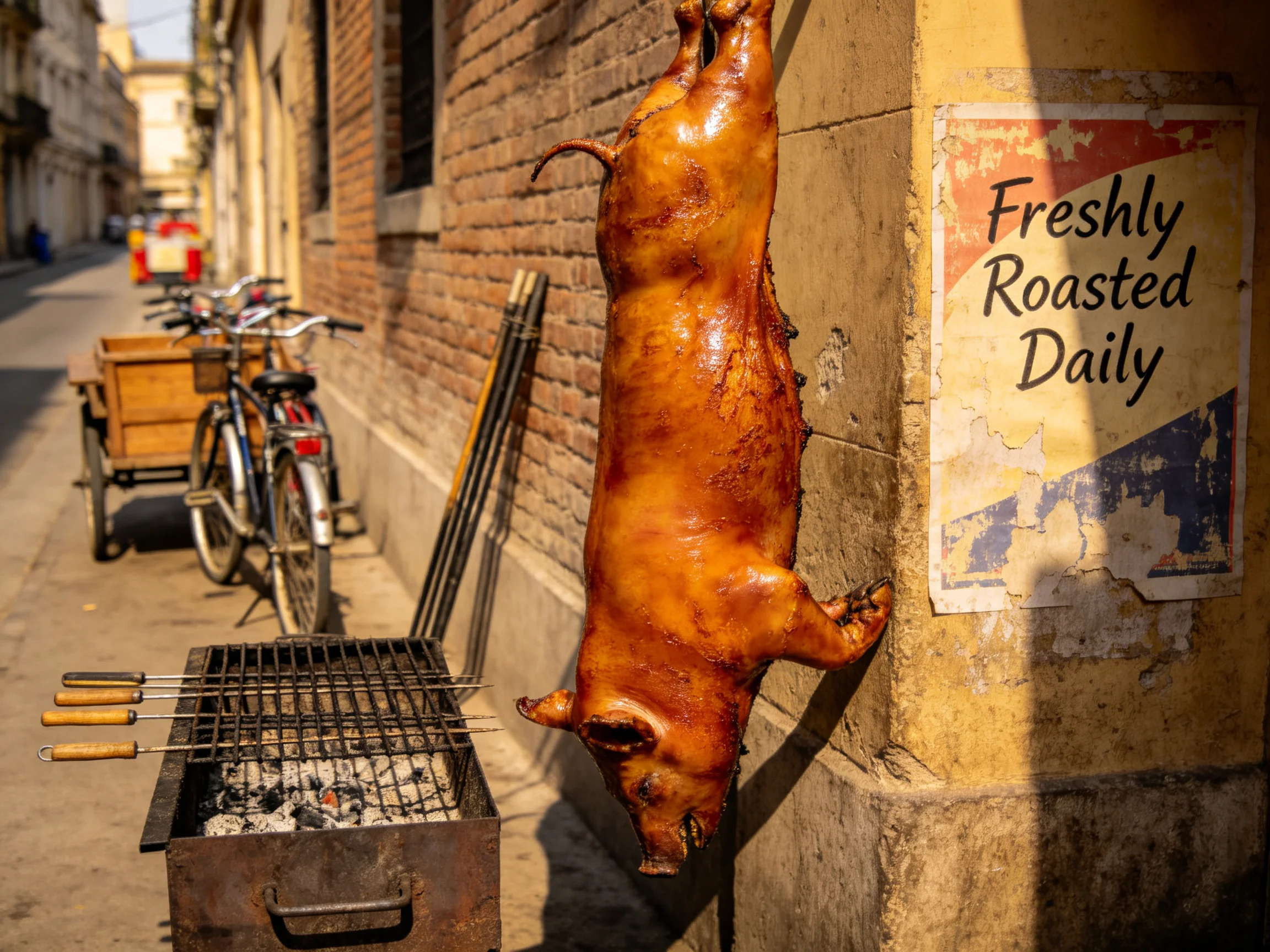 A golden-roasted pig hangs beside a weathered brick wall with a faded sign.
