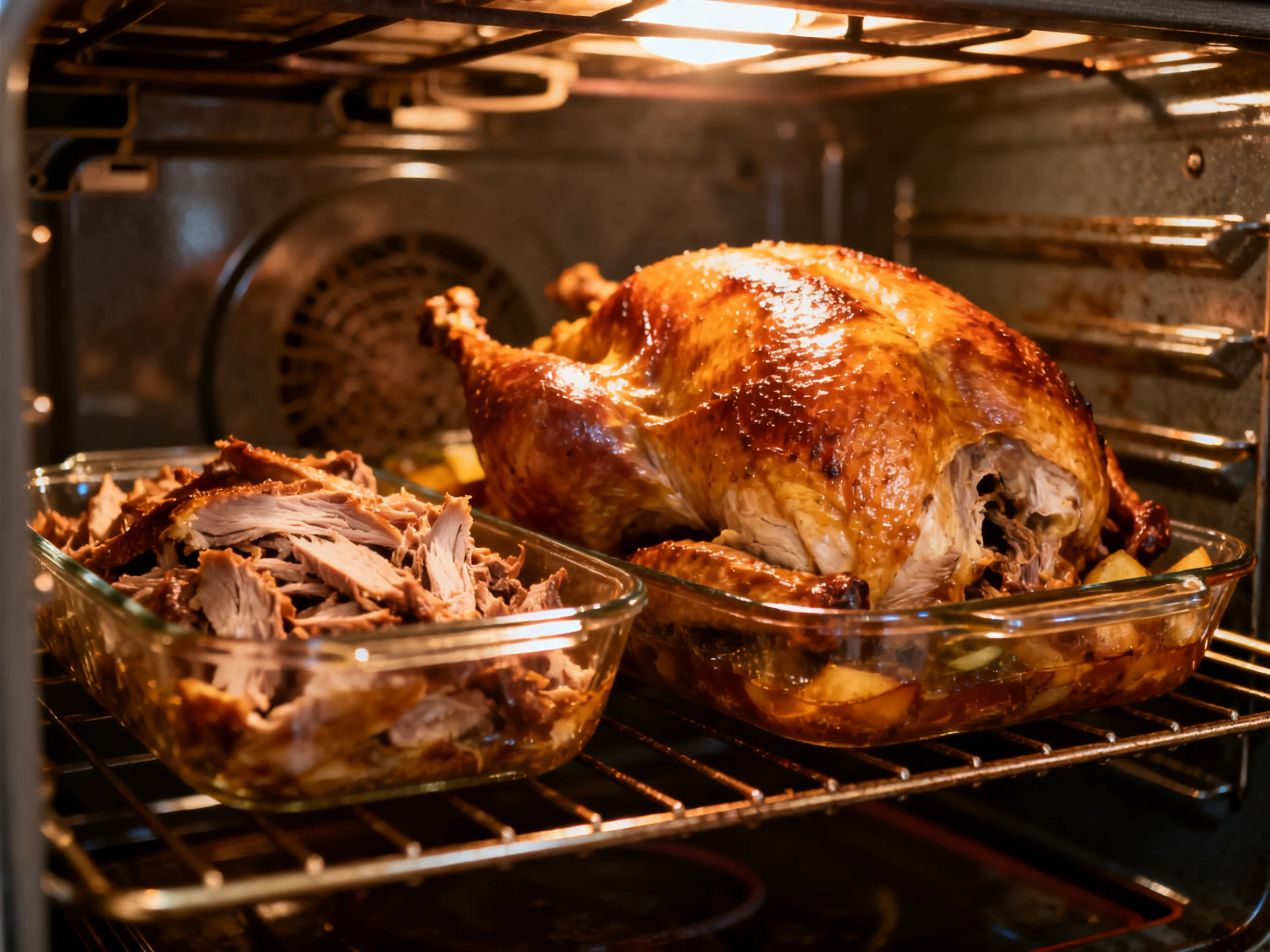 A golden-roasted turkey and shredded meat bake in an oven