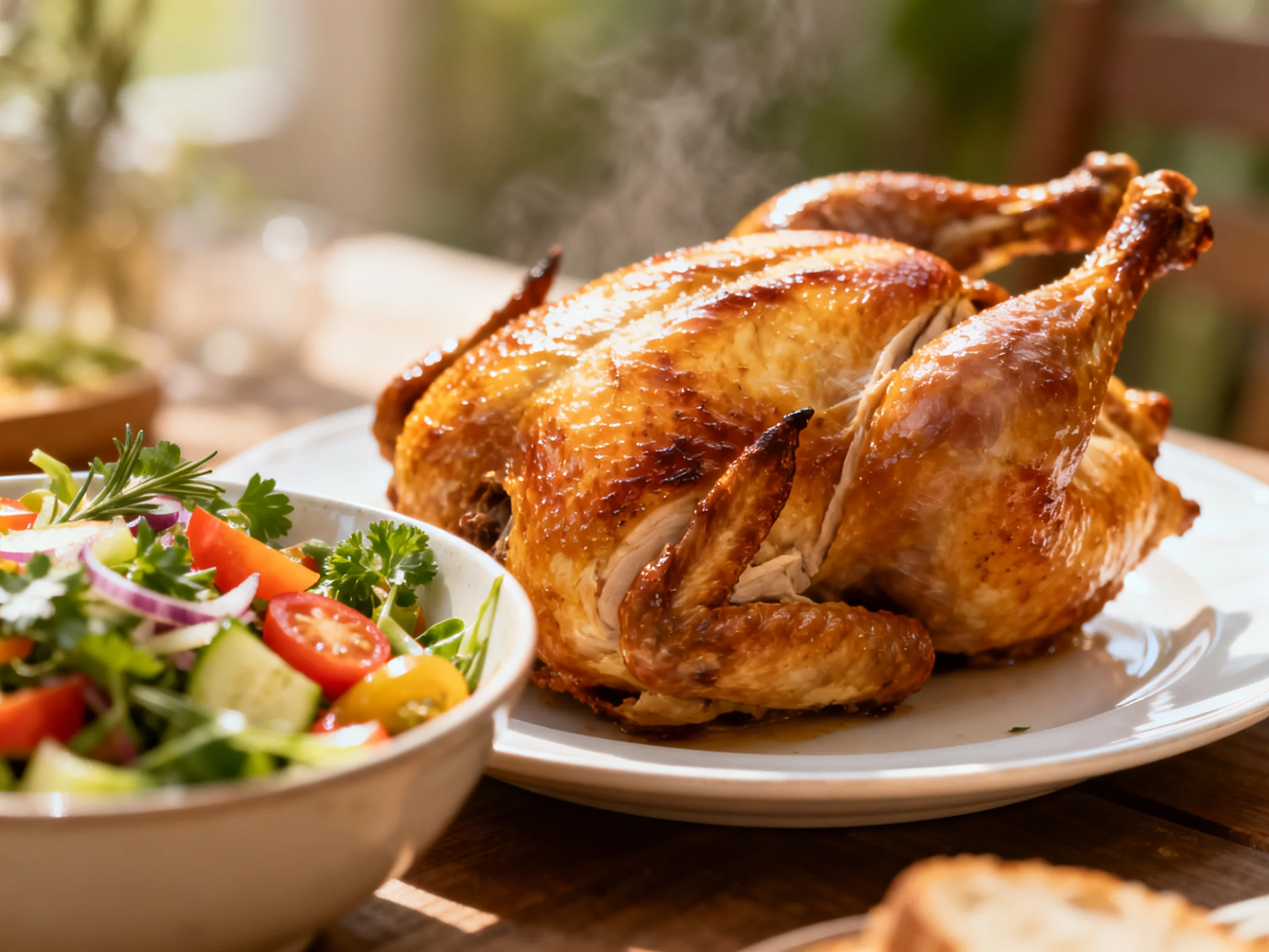 A golden-roasted whole chicken with fresh vegetable salad outdoors