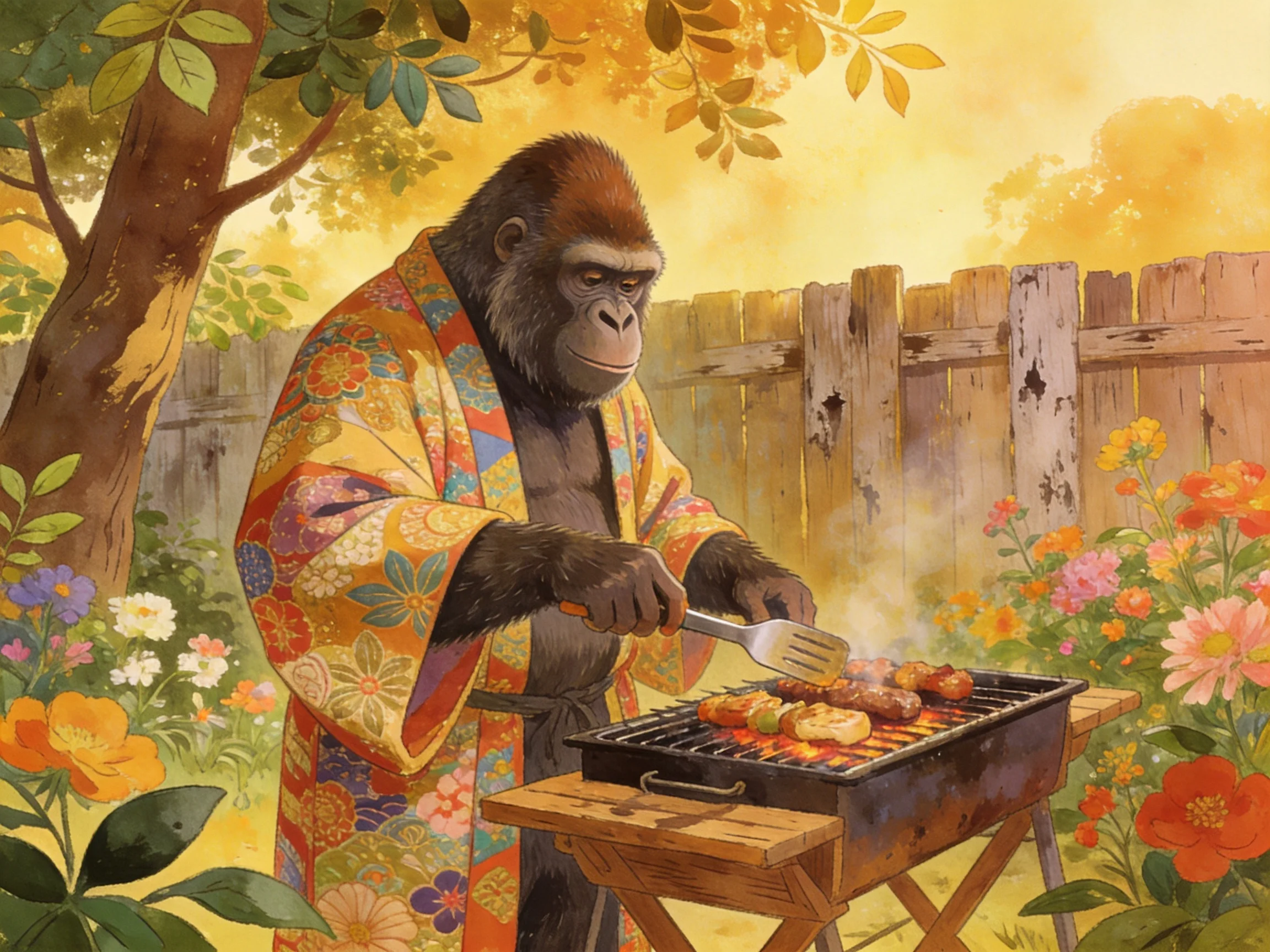 A gorilla grills meat in a vibrant floral robe amid blooming flowers