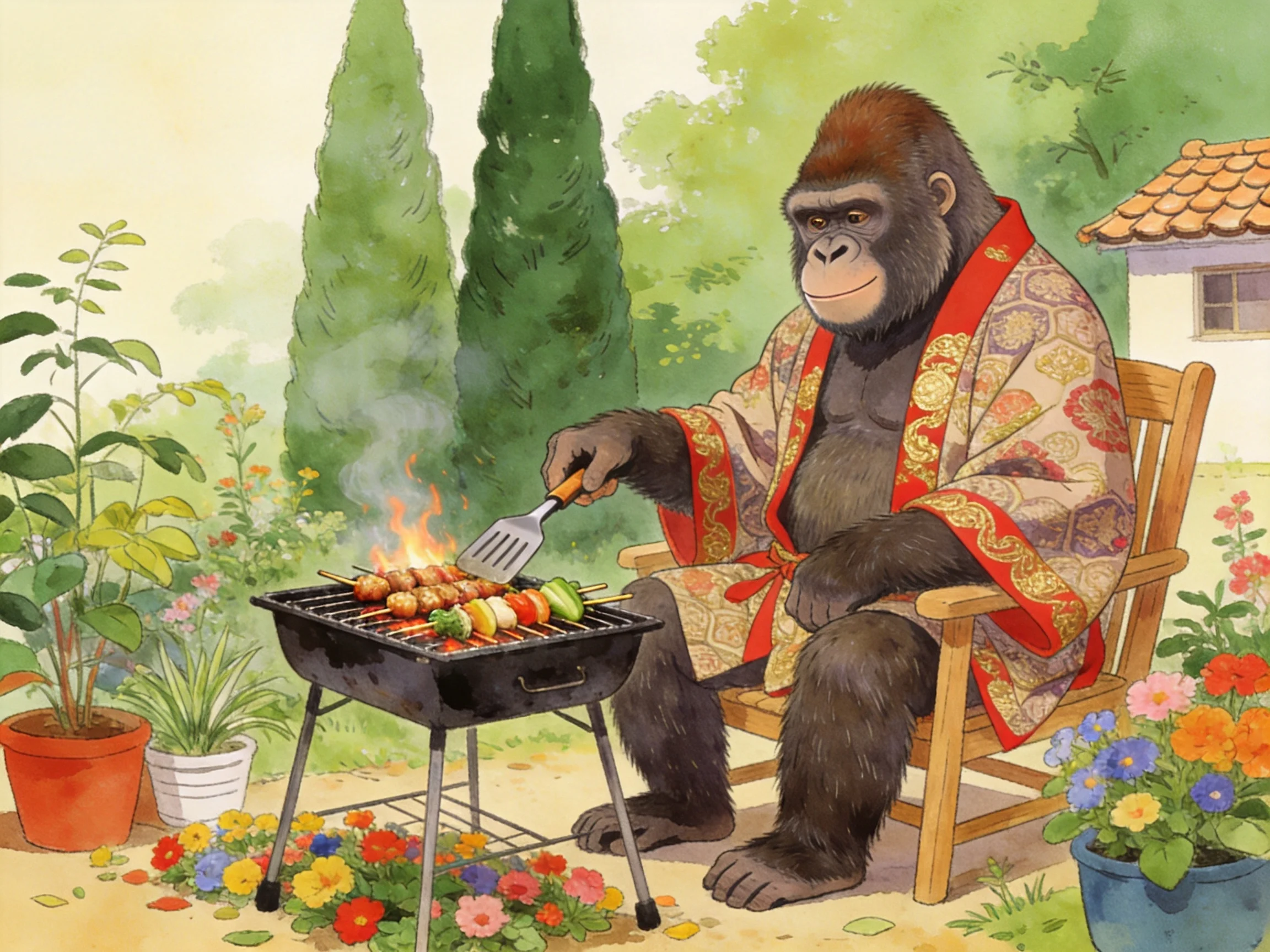 A gorilla grills skewers in a flower - filled garden wearing a decorative robe