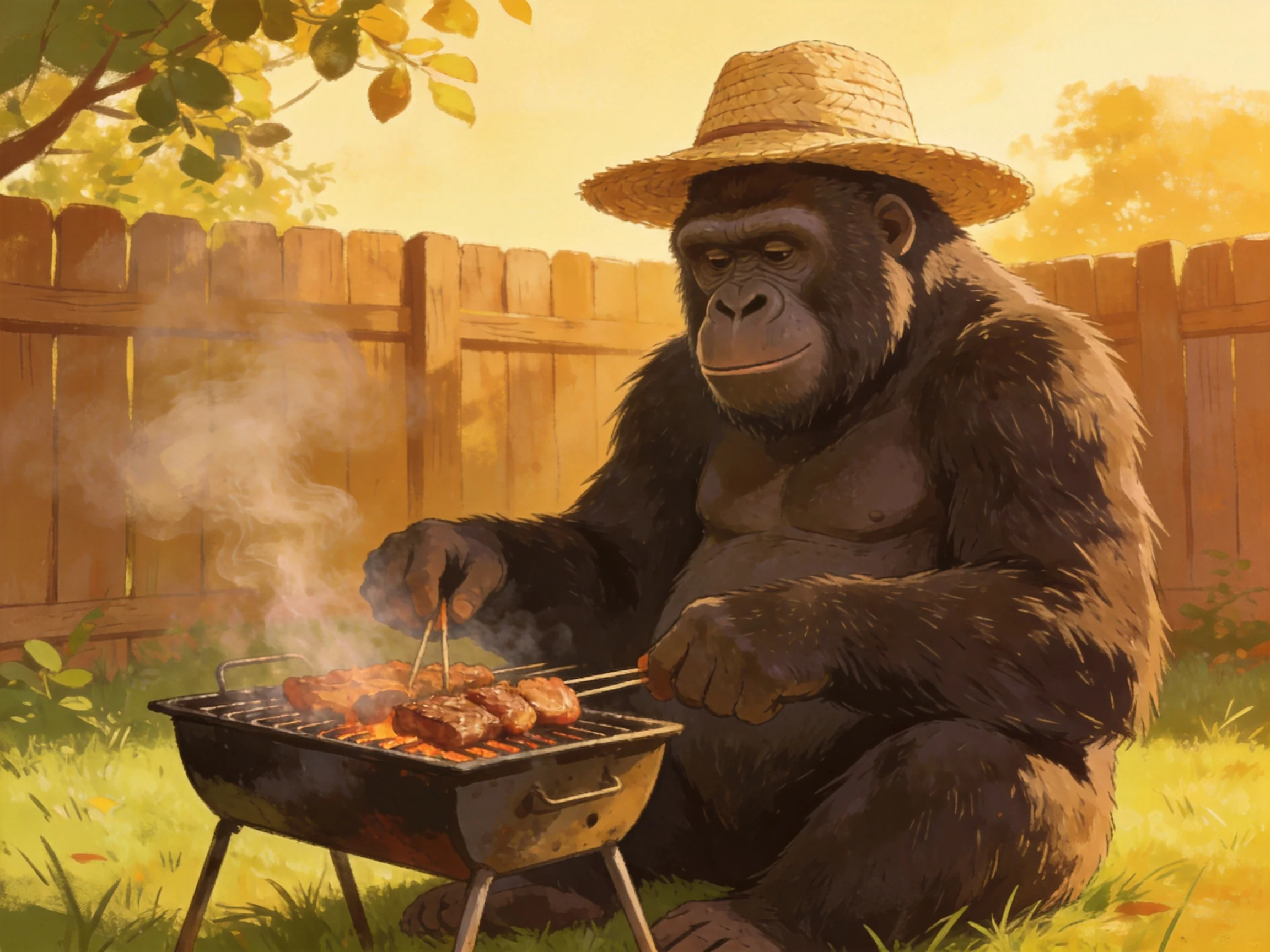 A gorilla in a straw hat grills meat near a wooden fence