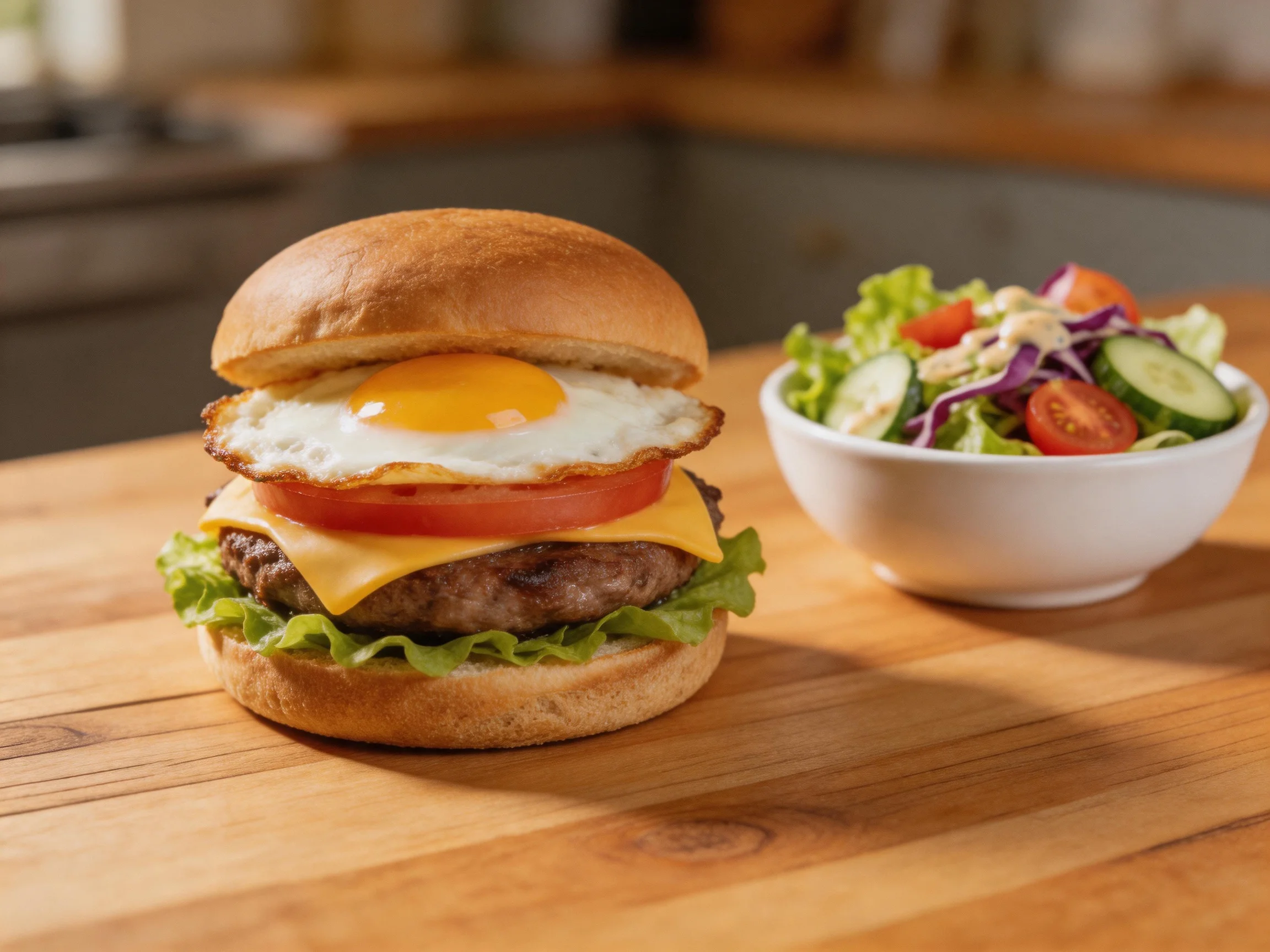 A gourmet burger with layered ingredients sits beside a fresh vegetable salad