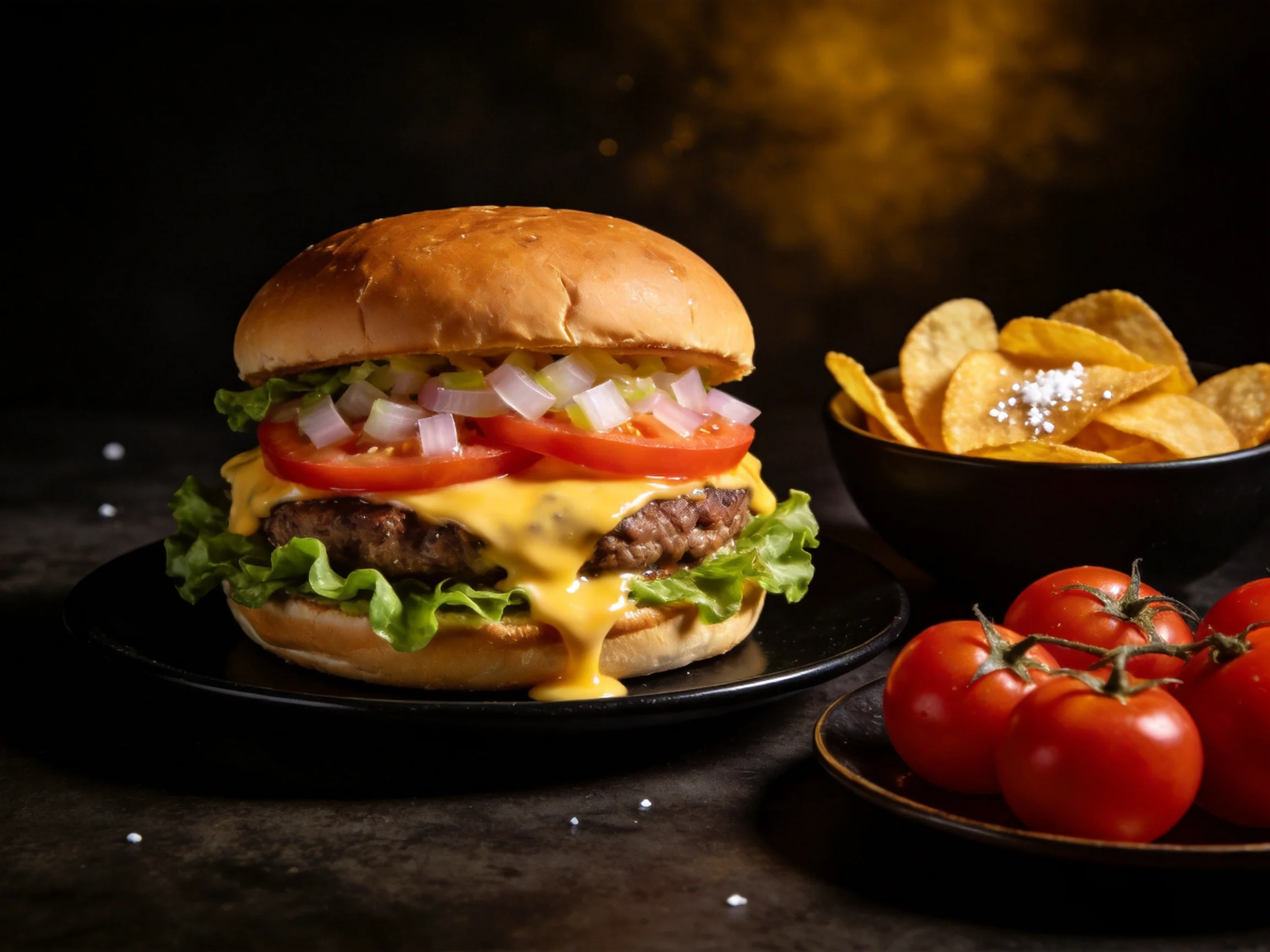 A gourmet cheeseburger with fresh veggies, chips, and cherry tomatoes