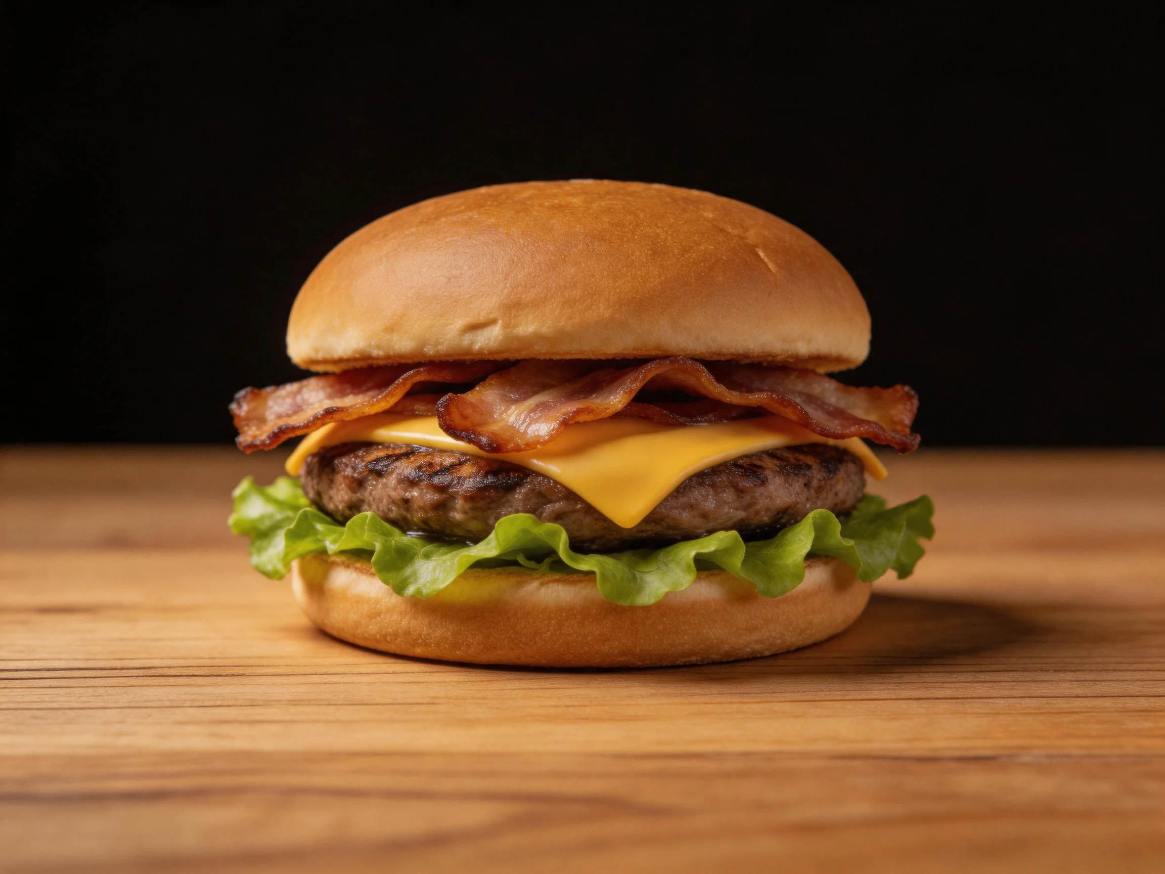 A gourmet hamburger with crispy bacon, melted cheese, and fresh lettuce