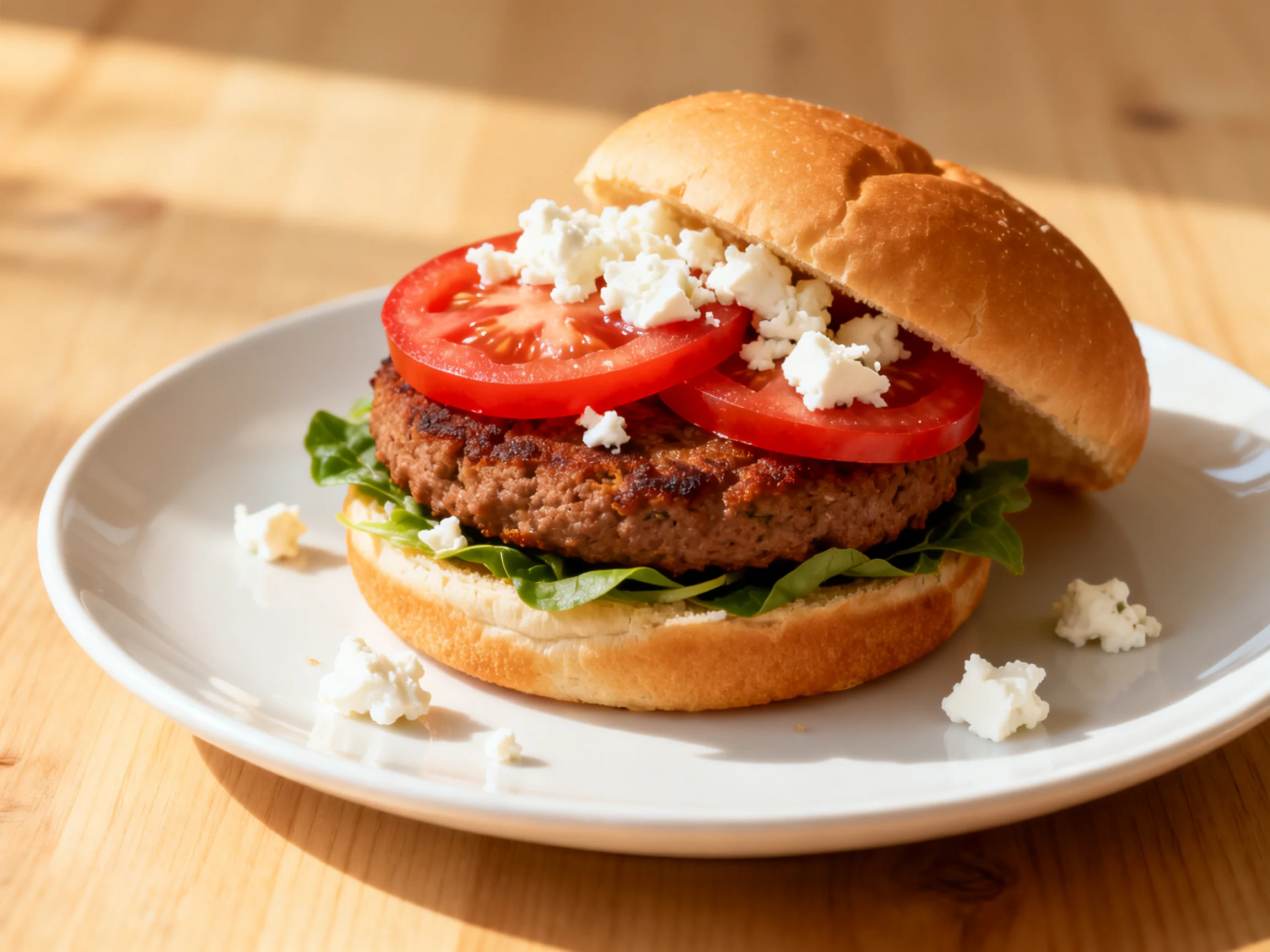A gourmet hamburger with fresh tomato, crumbled cheese, and lettuce