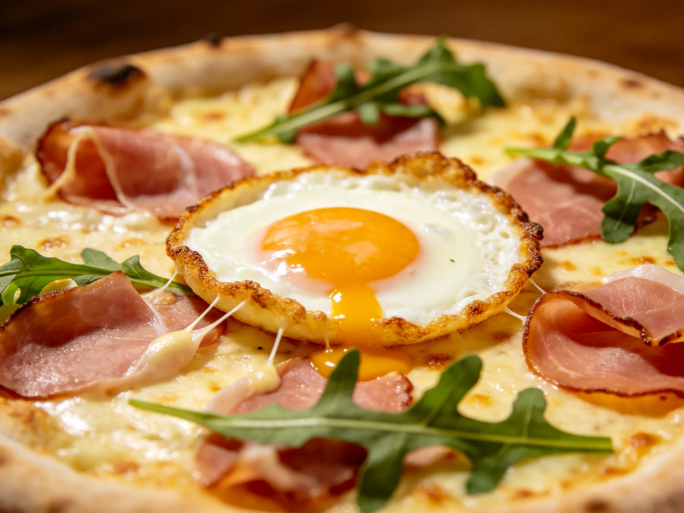 A gourmet pizza topped with a sunny-side-up egg, prosciutto, and arugula
