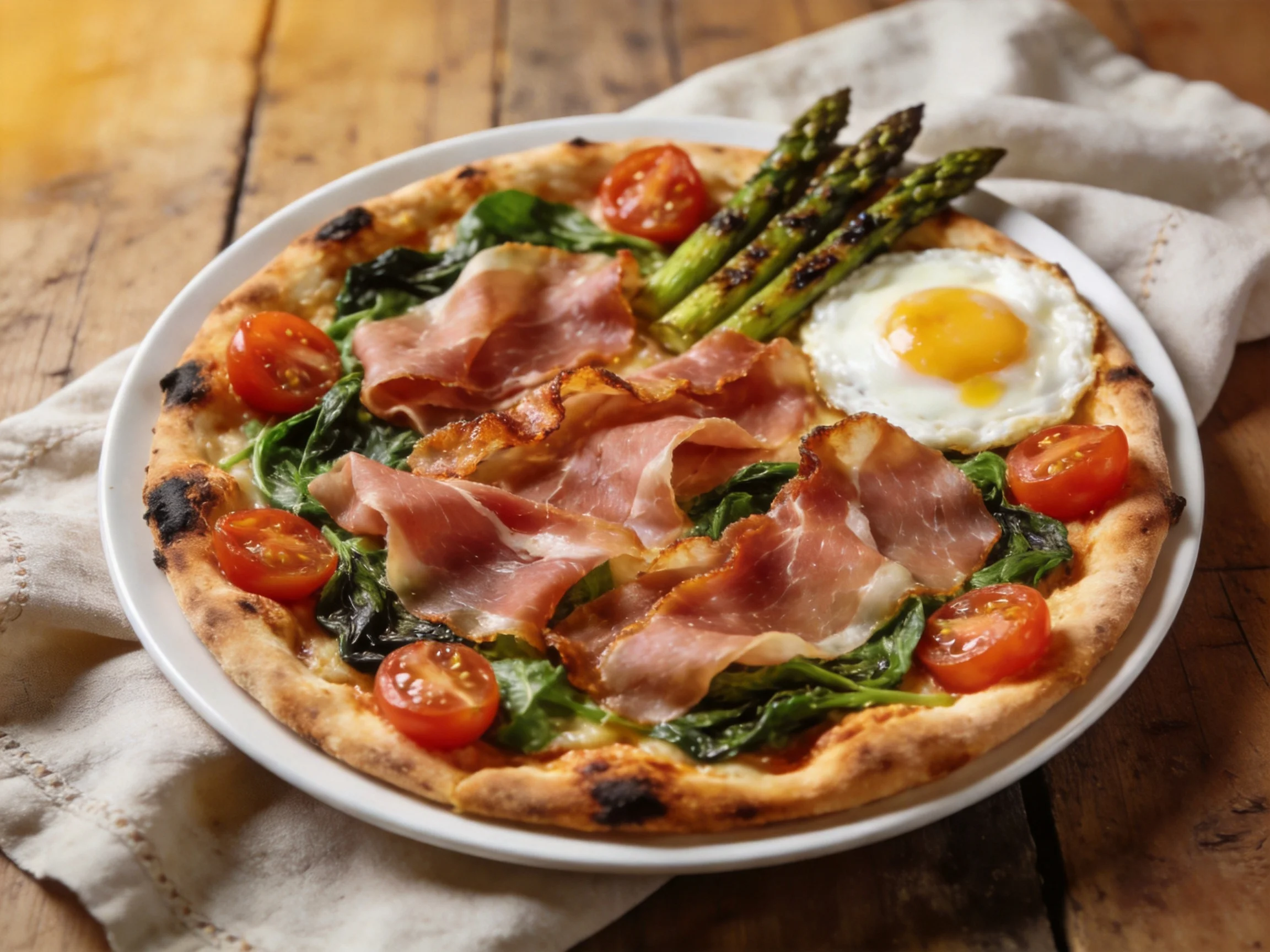 A gourmet pizza topped with prosciutto, egg, asparagus, and cherry tomatoes