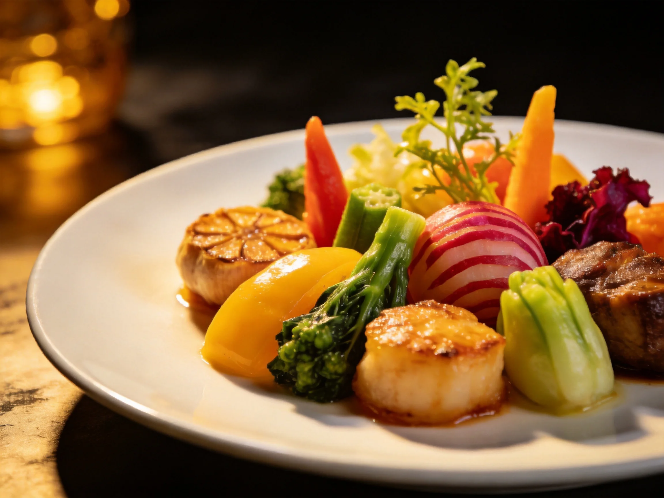 A gourmet plate with seared scallops, colorful vegetables, and roasted garlic