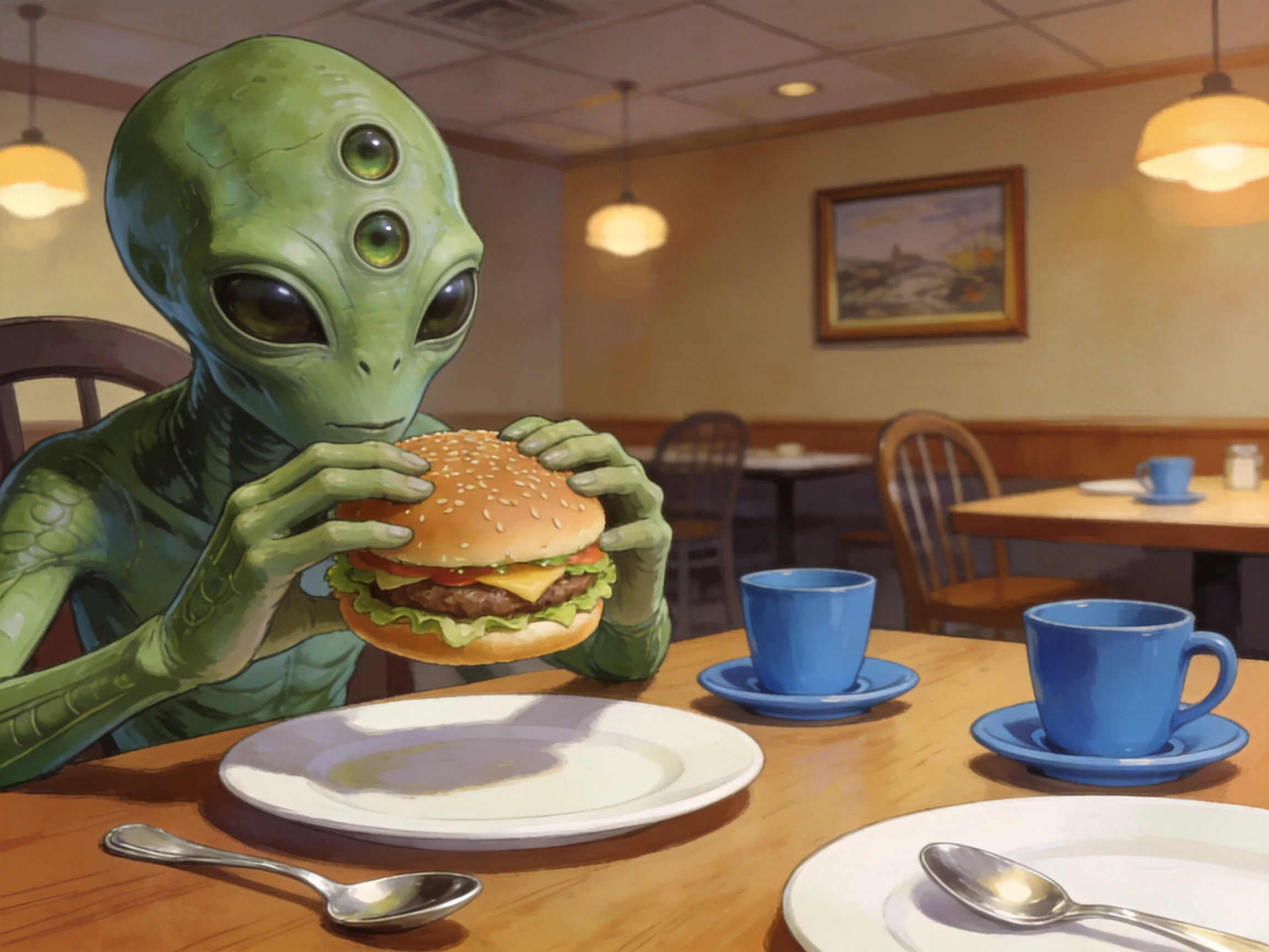A green alien enjoying a cheeseburger in a cozy diner
