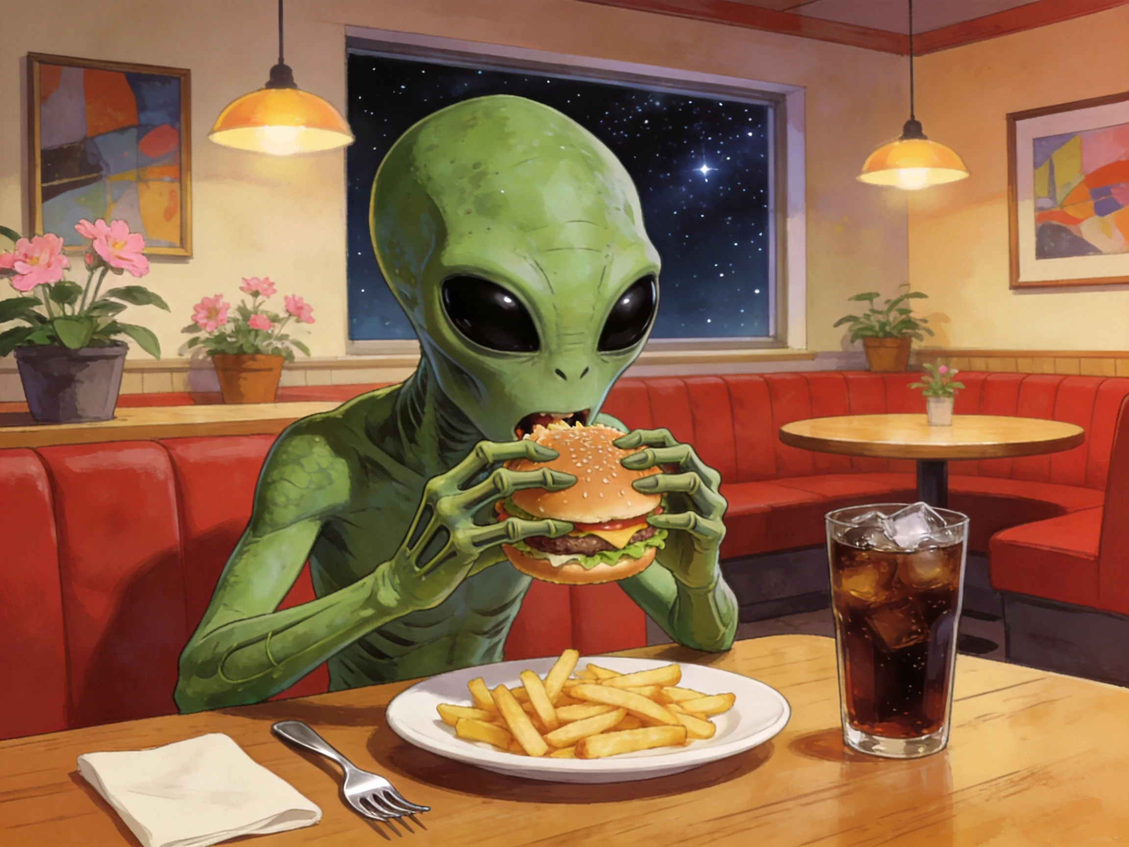 A green alien enjoys a burger and fries in a cozy diner