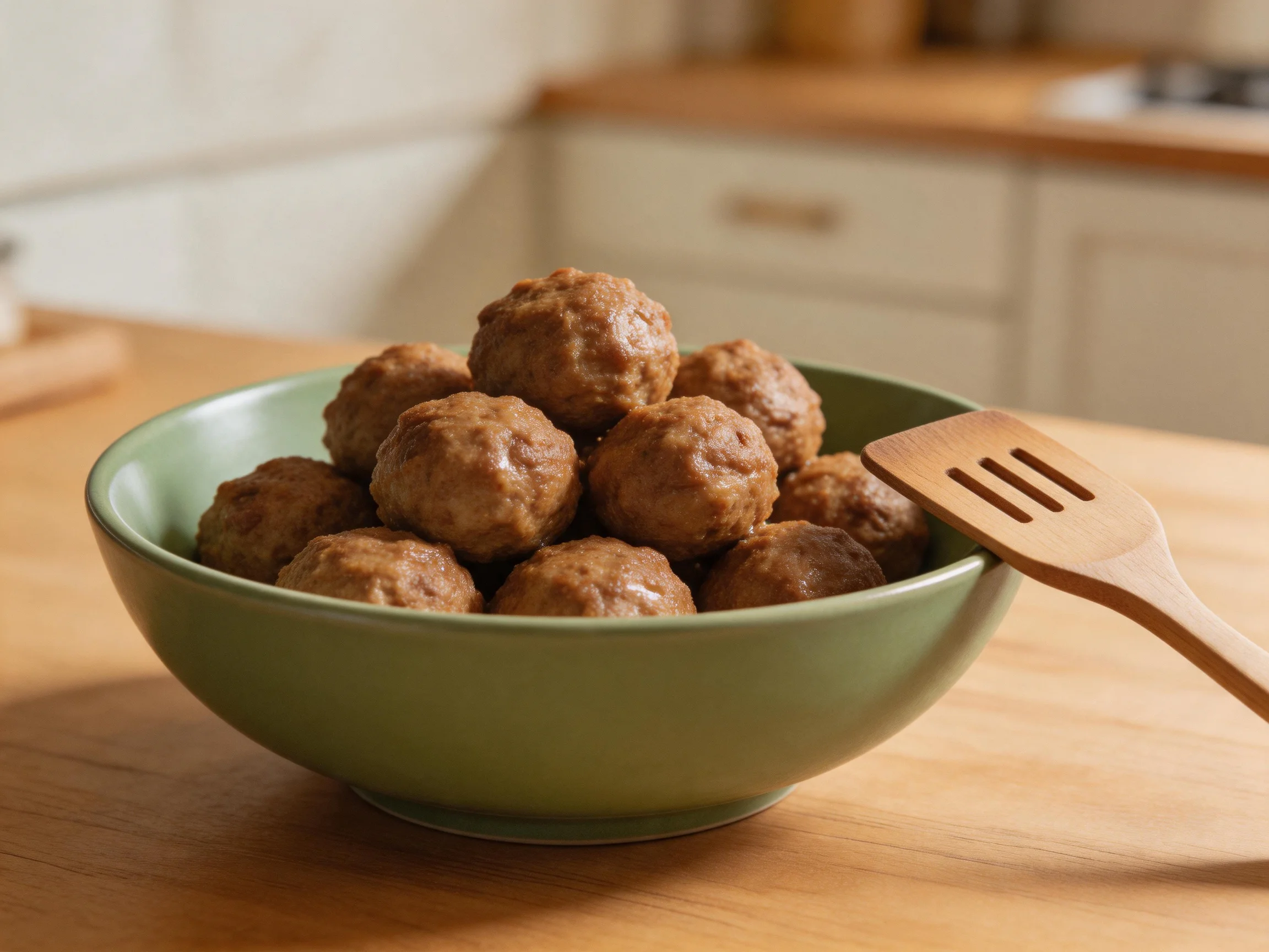 A green bowl filled with brown meatballs beside a wooden spatula