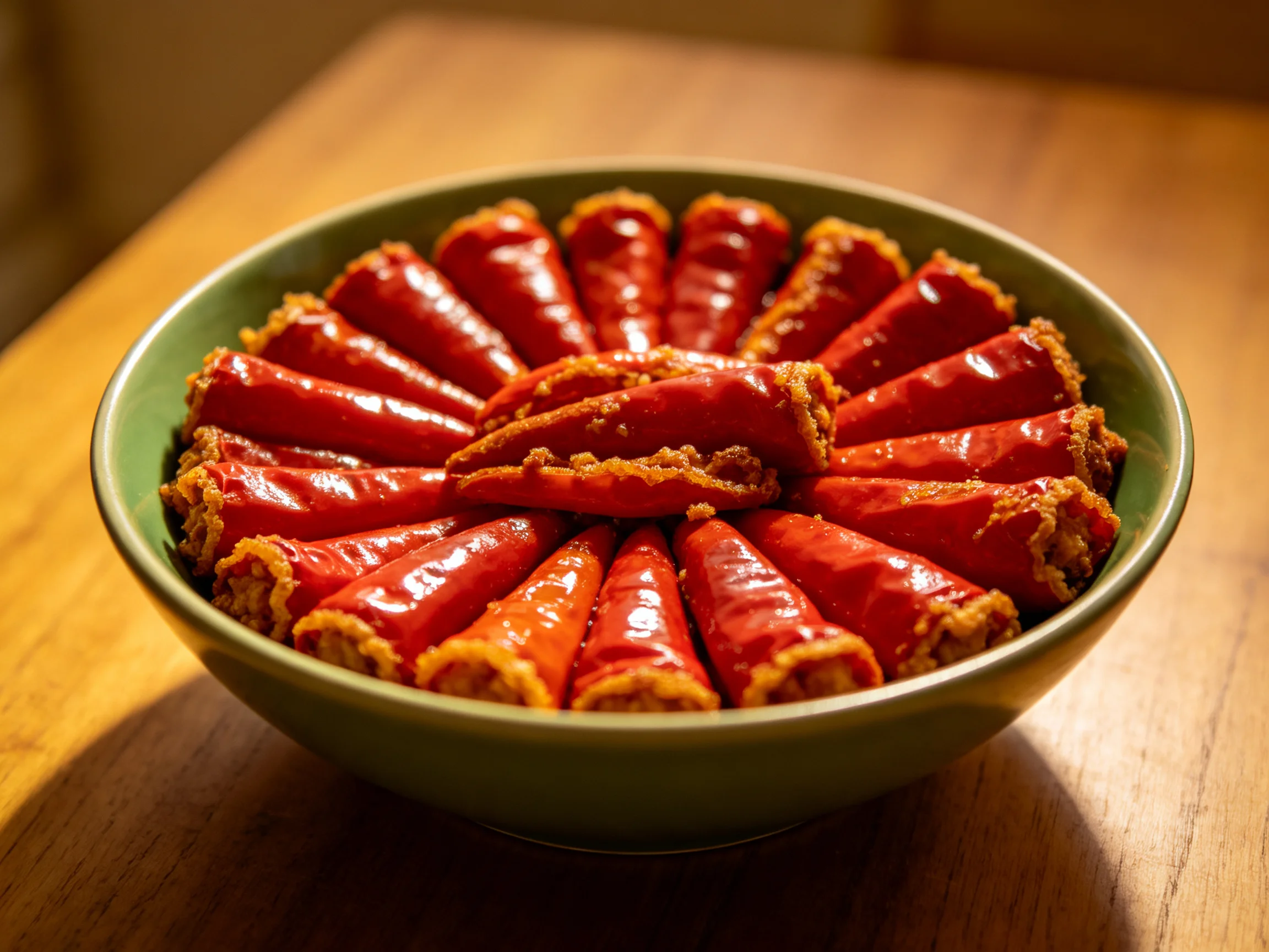 A green bowl filled with red stuffed chili peppers arranged in a circle