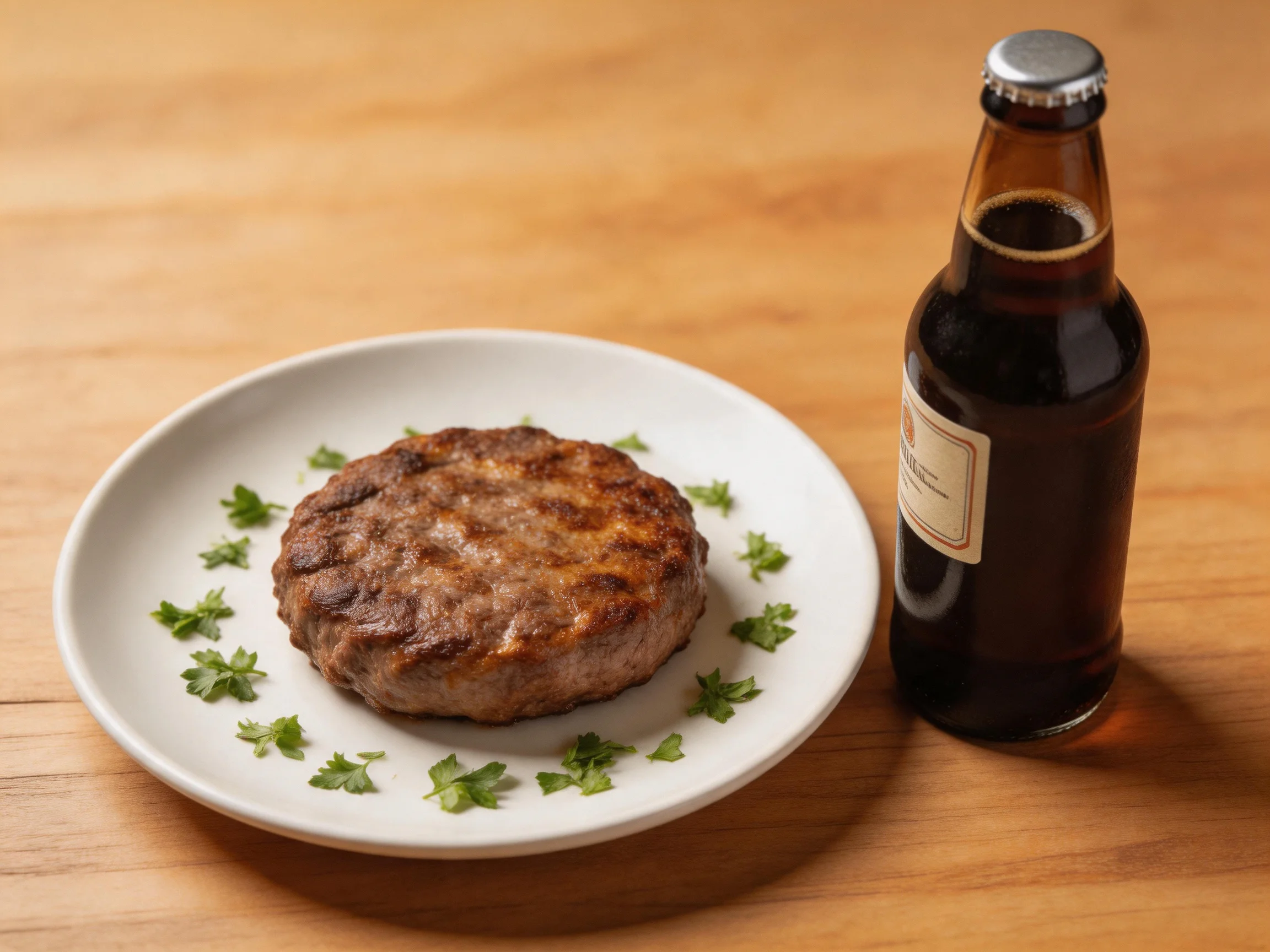 A grilled beef patty garnished with parsley next to a dark beer bottle