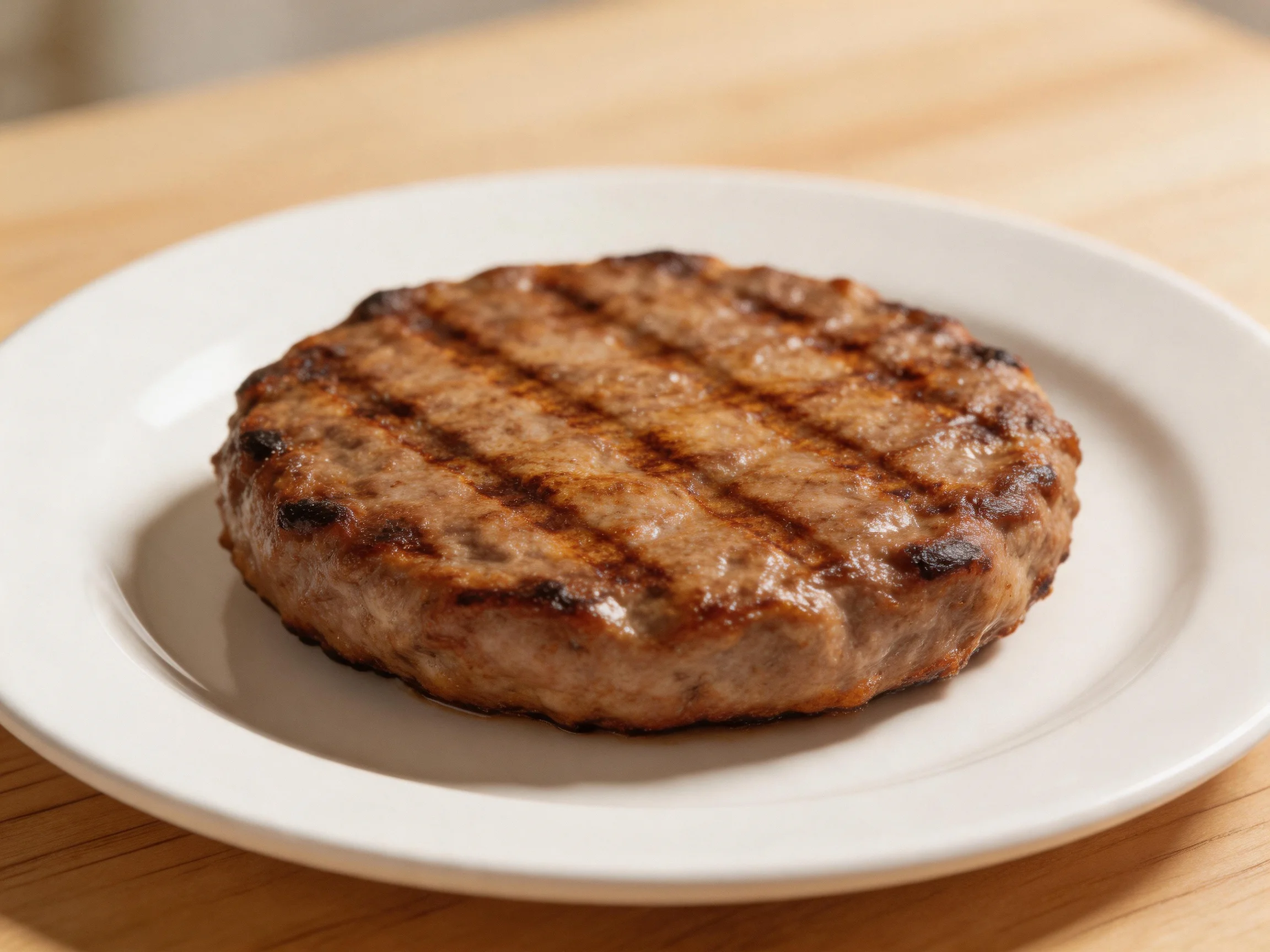 A grilled beef patty with distinct grill marks on a white plate