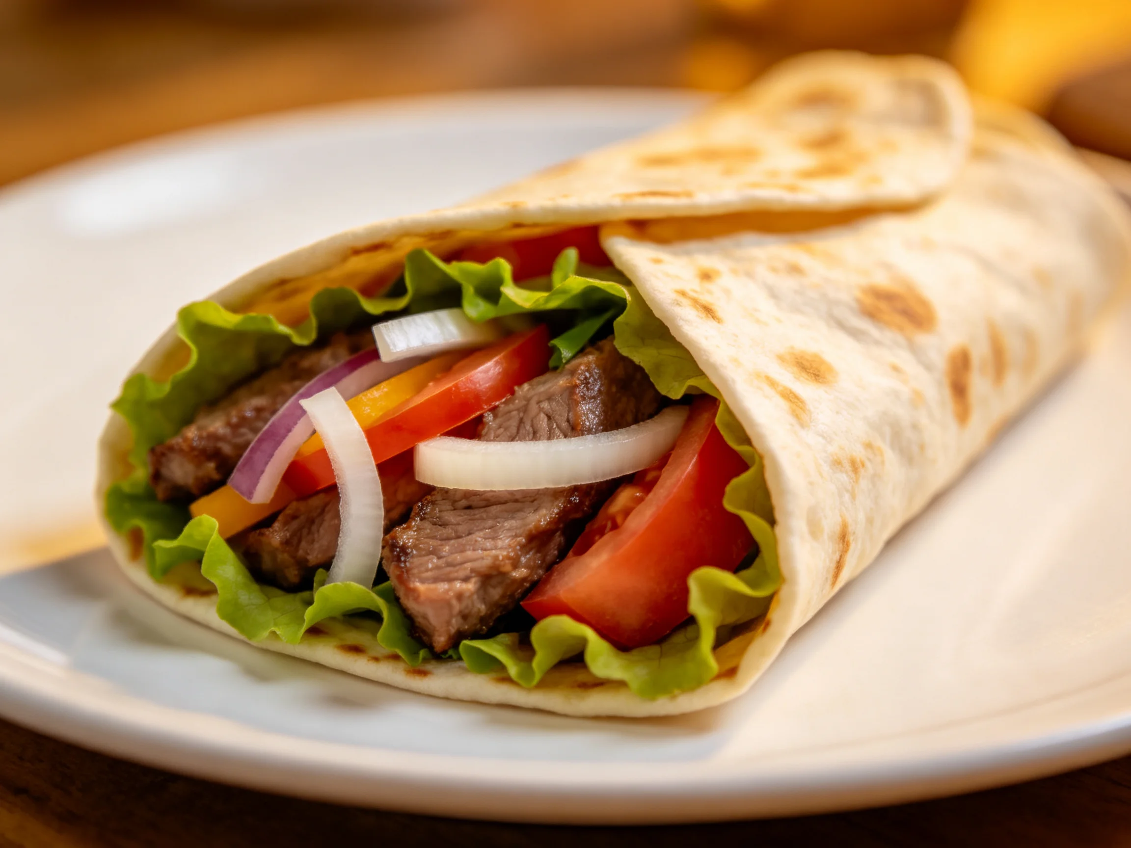 A grilled beef wrap stuffed with fresh vegetables and soft tortilla
