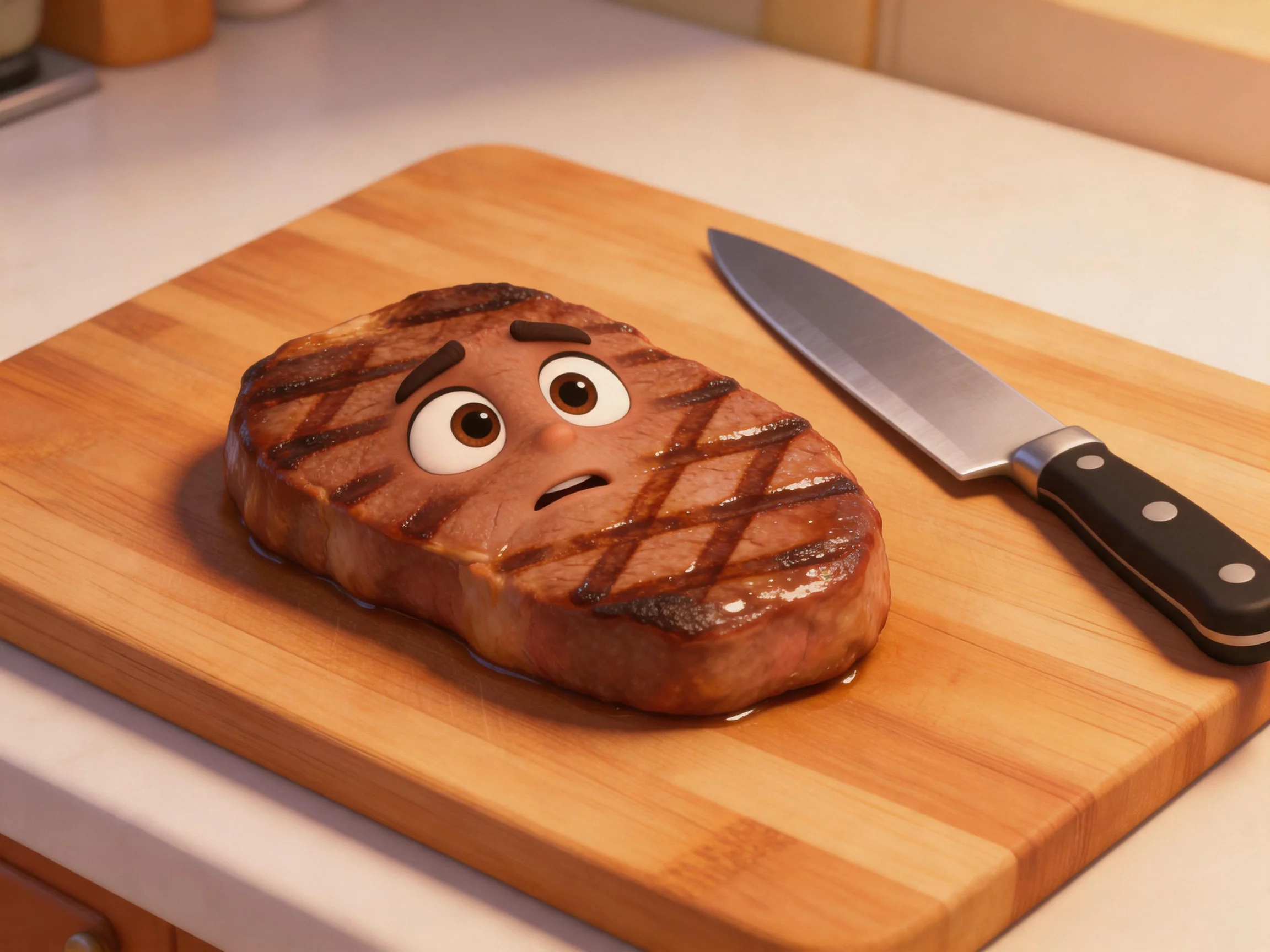 A grilled cartoon steak with expressive eyes on a wooden cutting board