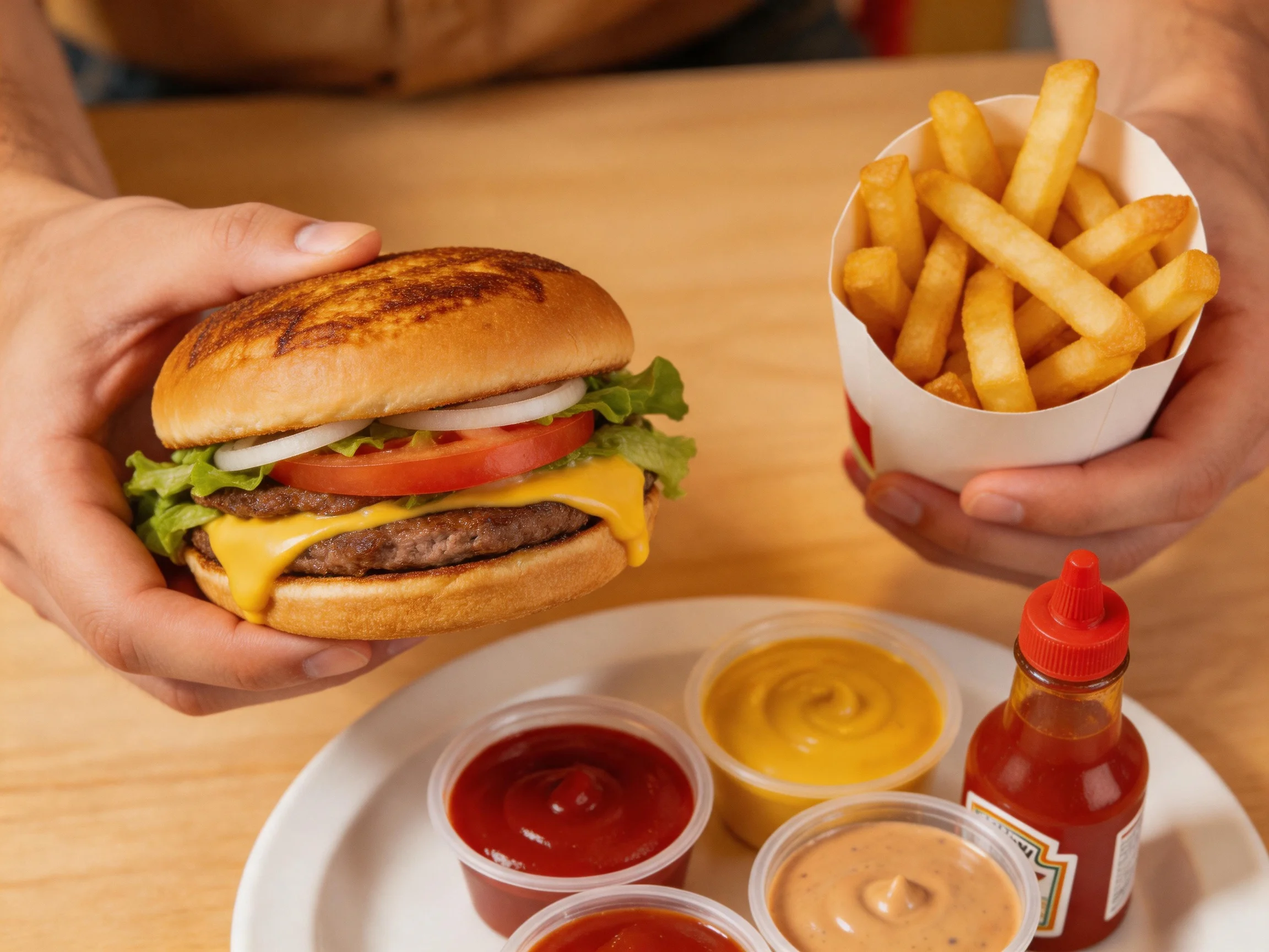 A grilled cheeseburger, golden fries, and colorful condiments on a wooden table