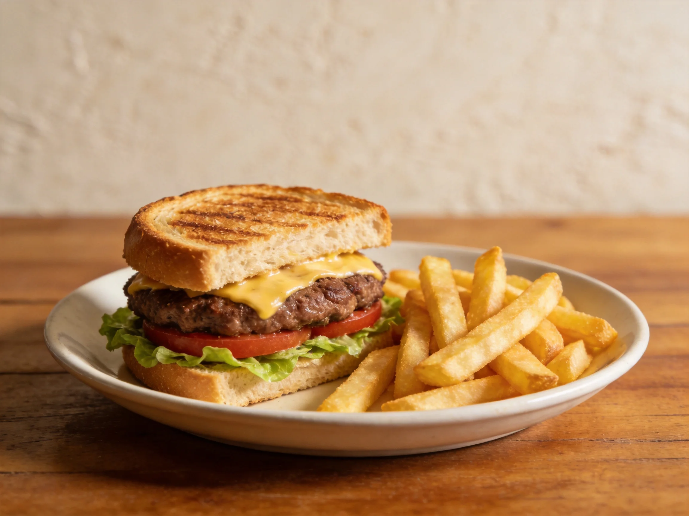A grilled cheeseburger with lettuce, tomato, and golden French fries