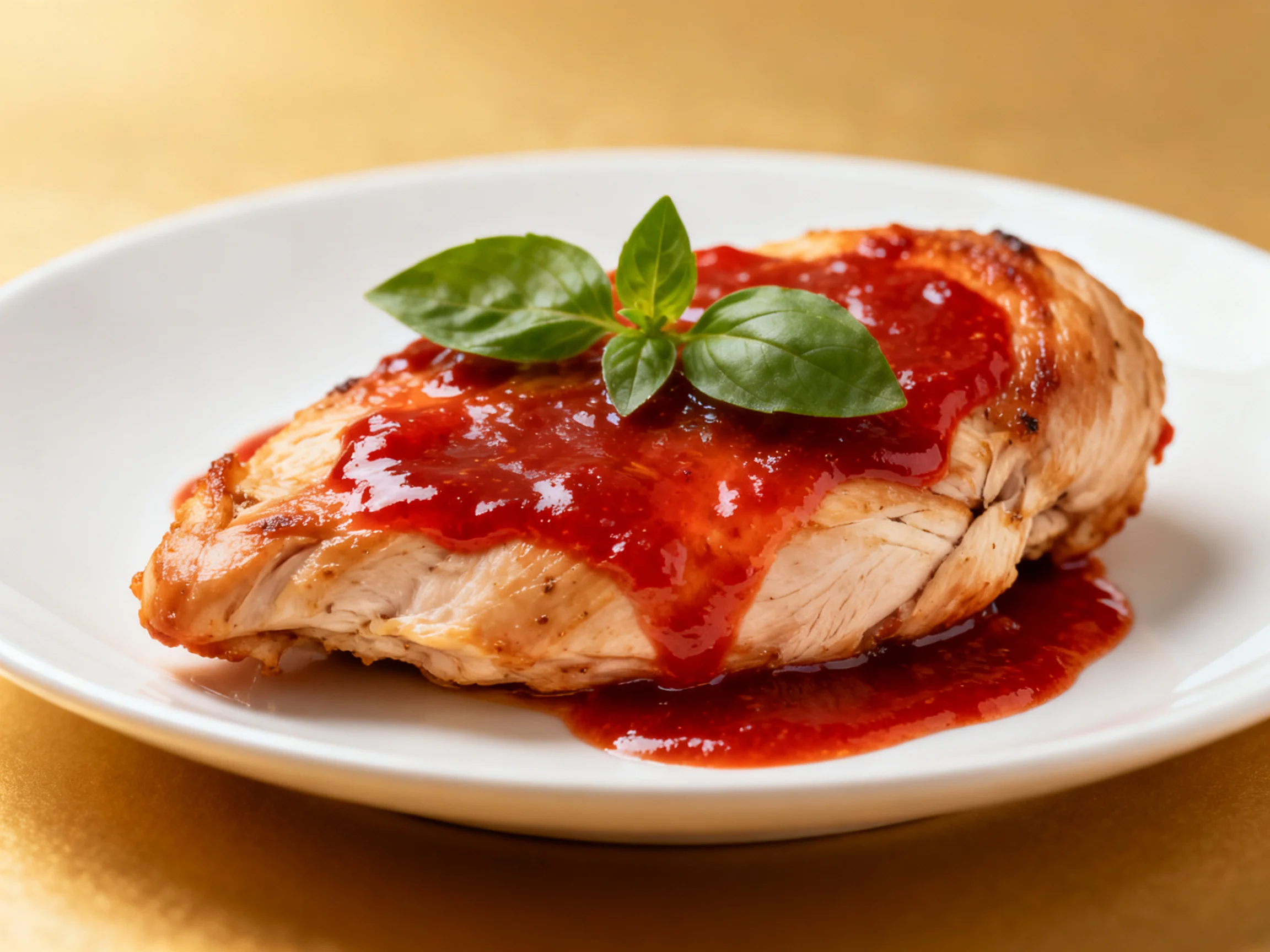 A grilled chicken breast topped with vibrant red sauce and fresh basil