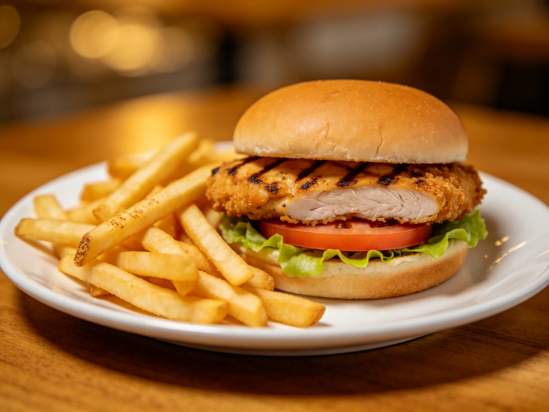 A grilled chicken sandwich with lettuce, tomato, and seasoned French fries