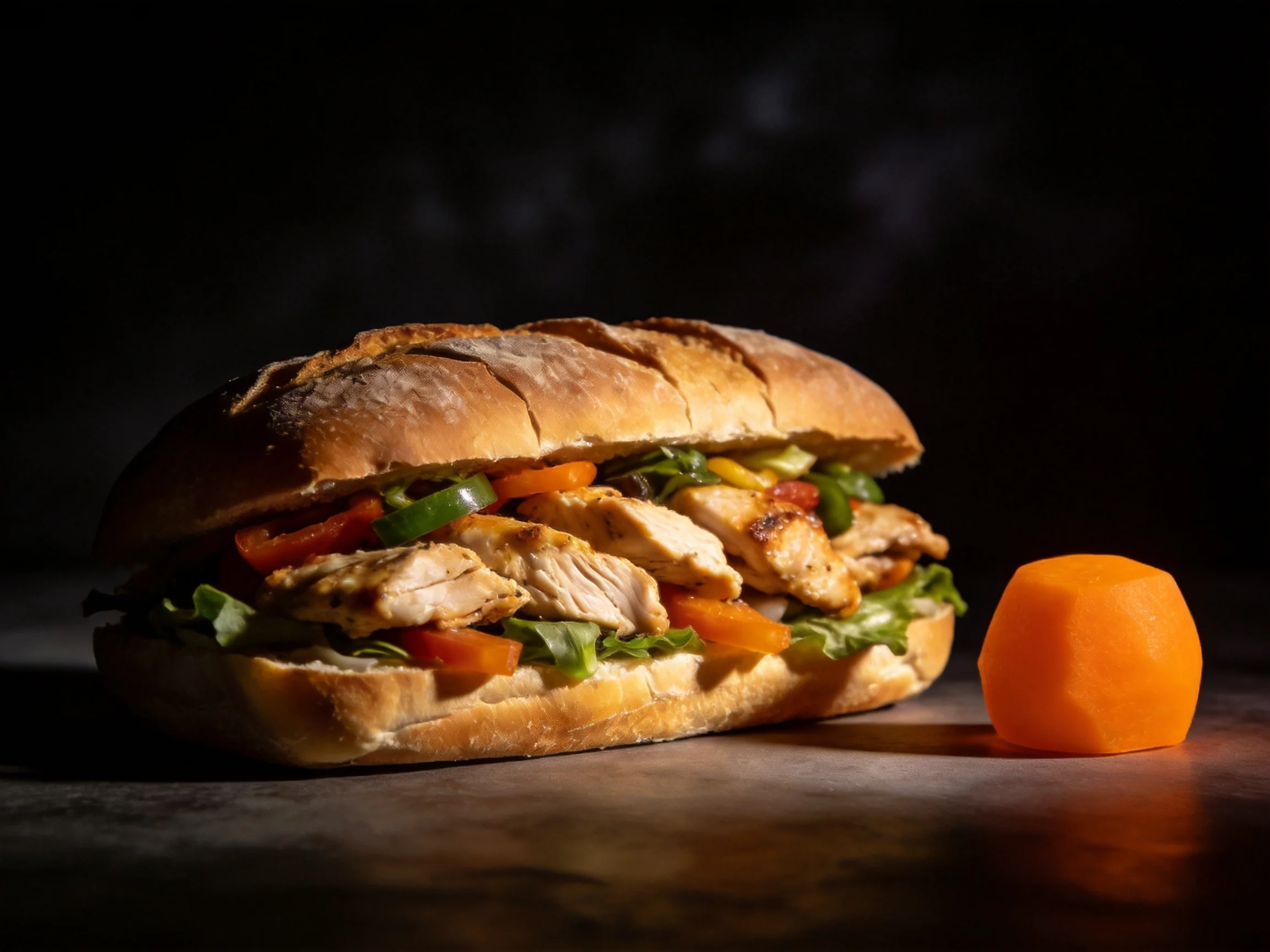 A grilled chicken sub sandwich with fresh veggies beside an orange carrot