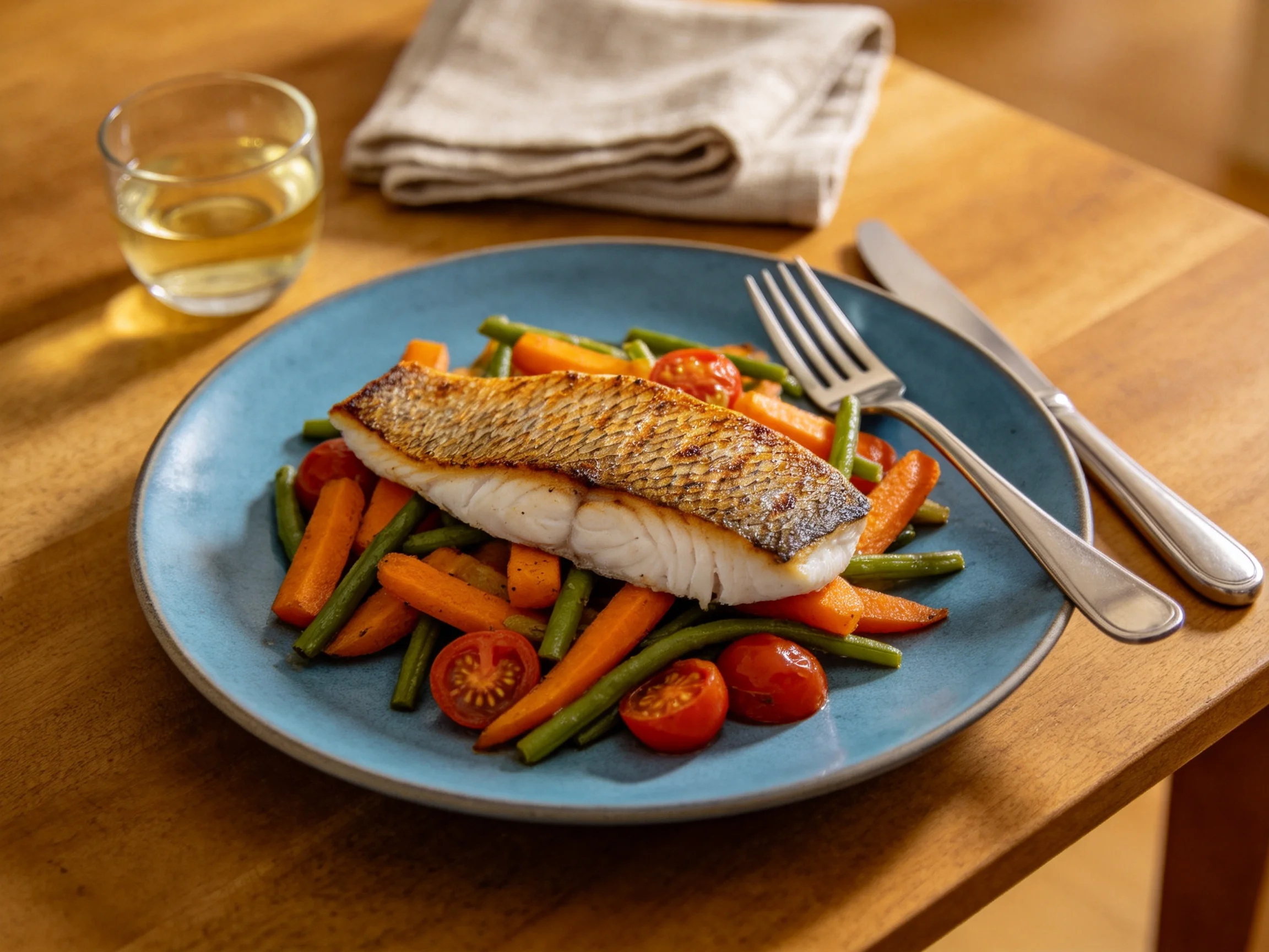 A grilled fish fillet served atop mixed roasted vegetables on a blue plate