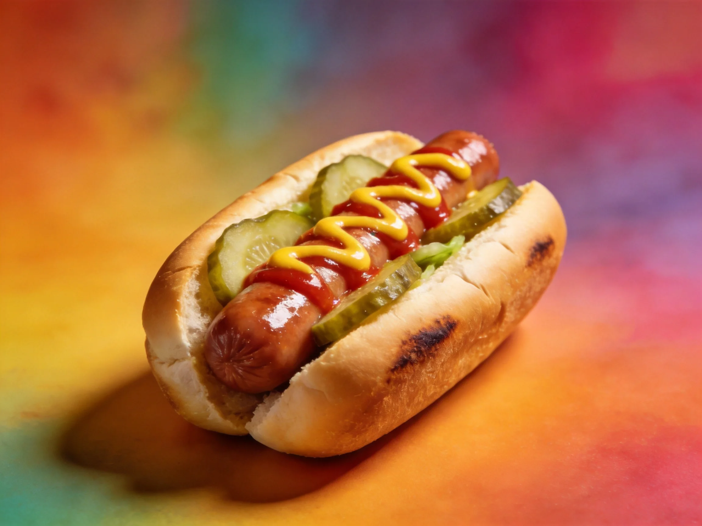 A grilled hot dog topped with mustard, ketchup, and pickle slices
