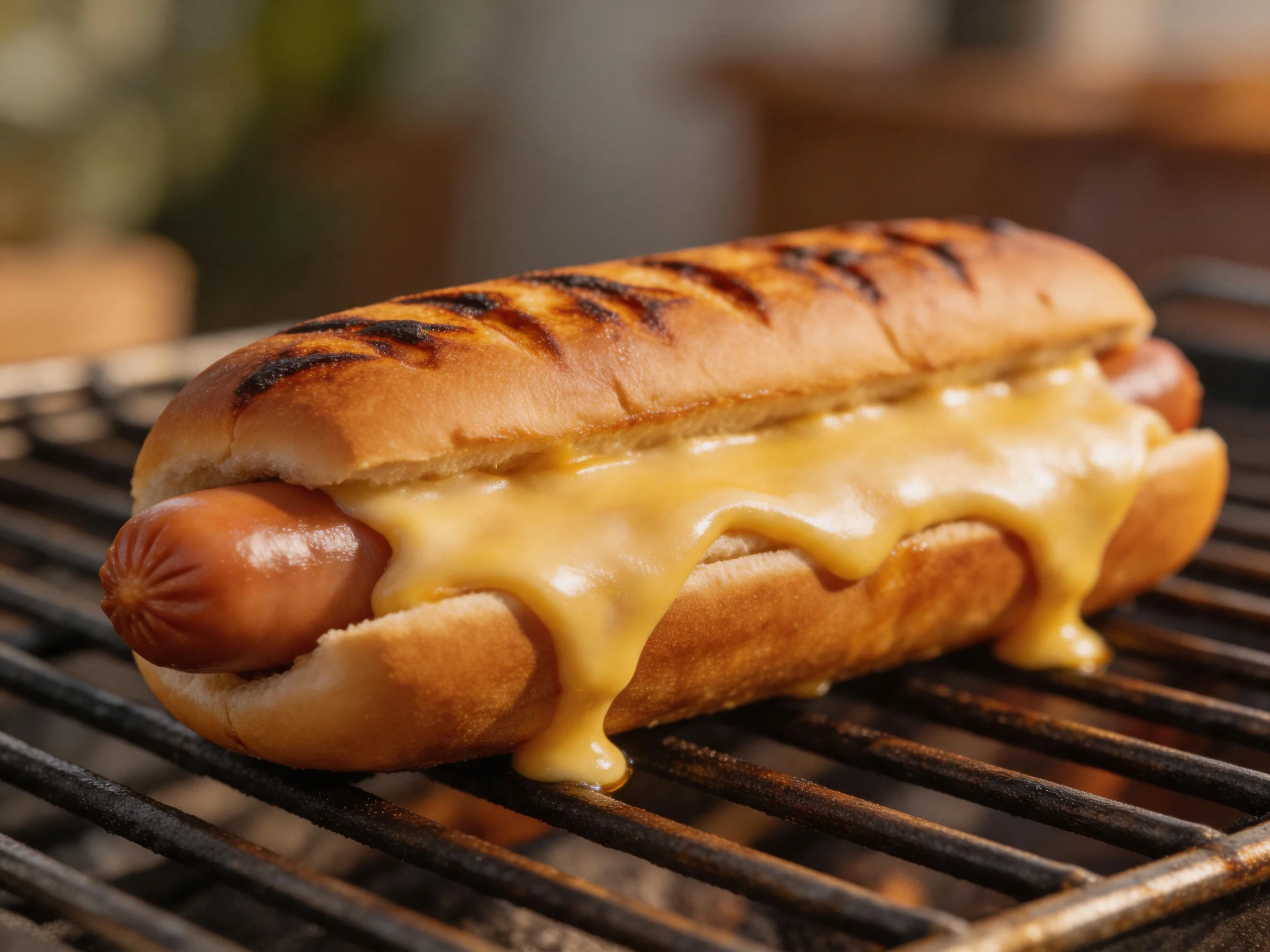 A grilled hot dog with melted cheese on a barbecue