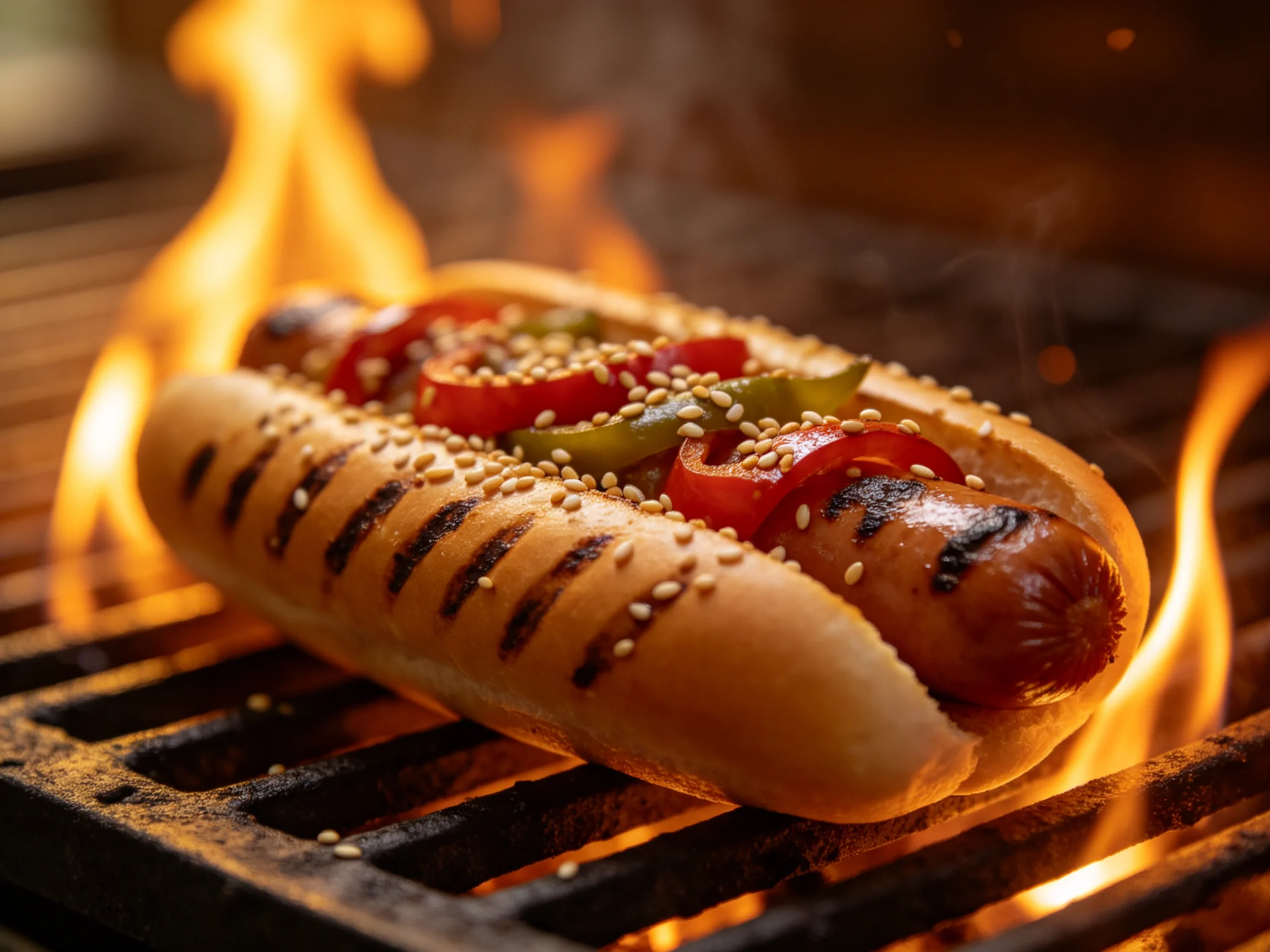 A grilled hot dog with peppers and sesame seeds over flames