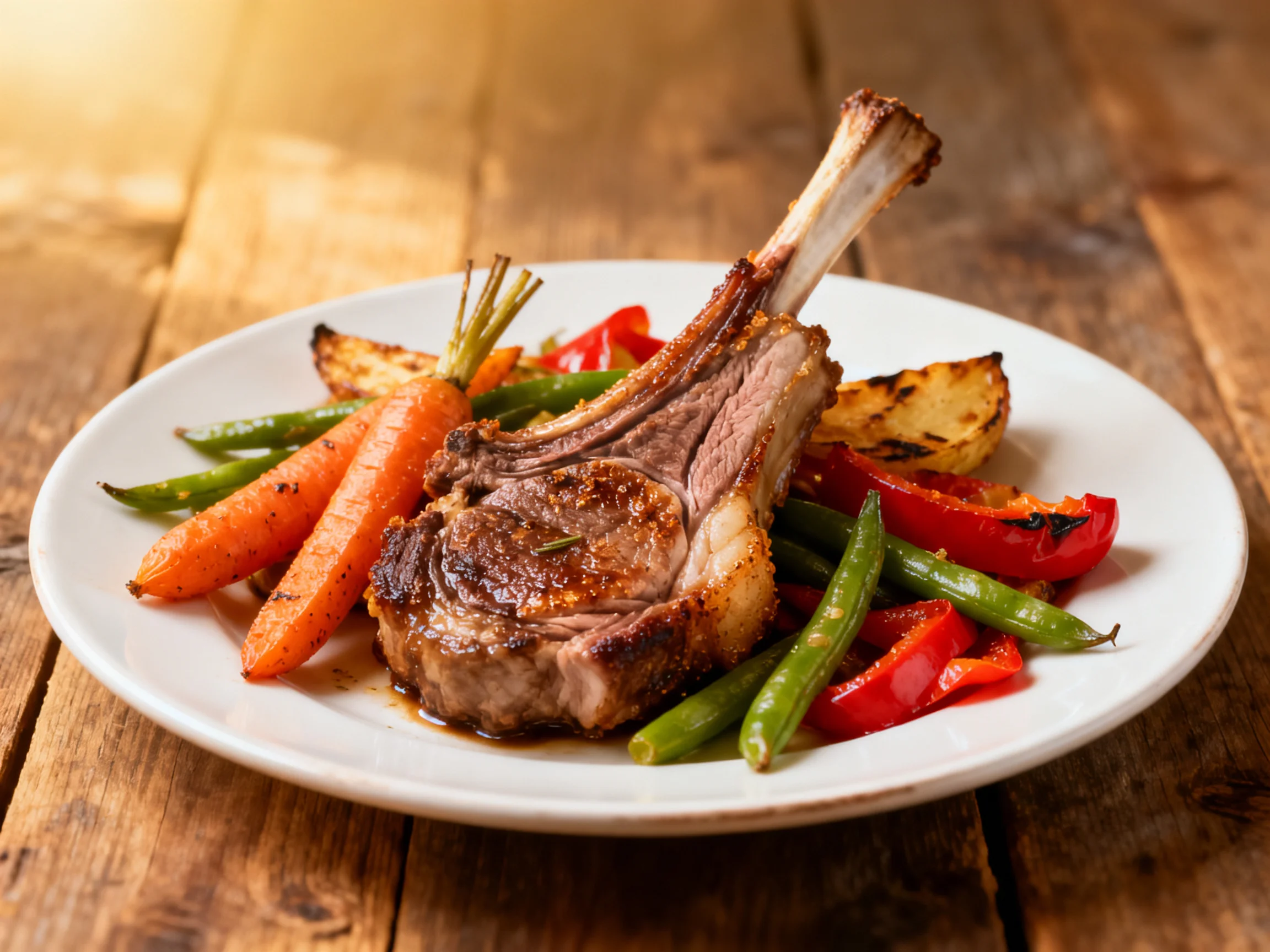 A grilled lamb chop with roasted vegetables on a white plate