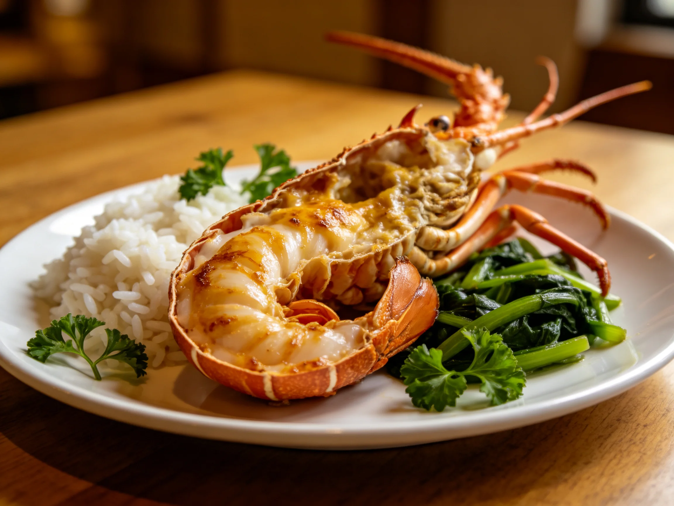 A grilled lobster tail served with white rice and leafy greens