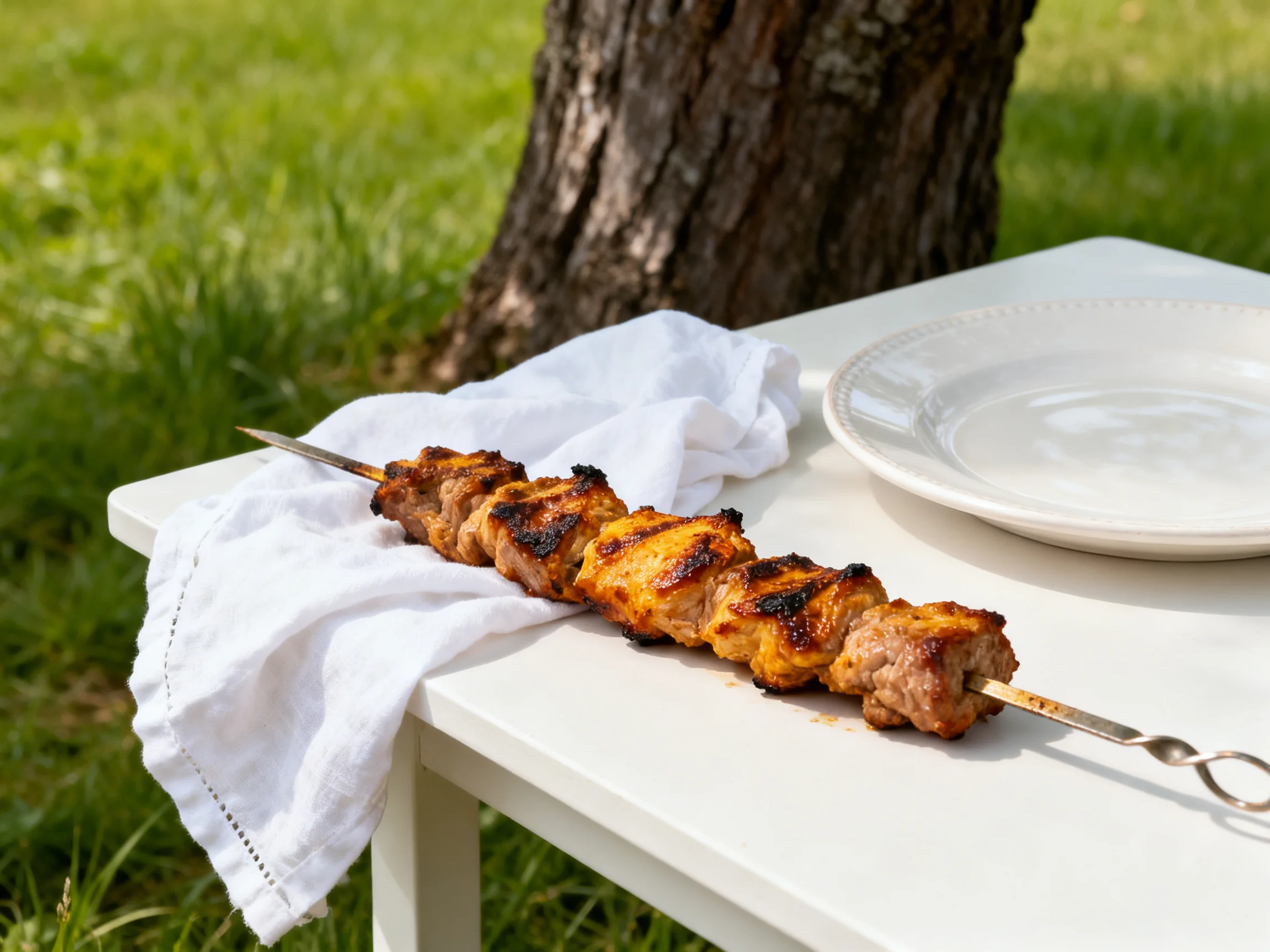 A grilled meat skewer rests on a white cloth near an empty plate outdoors