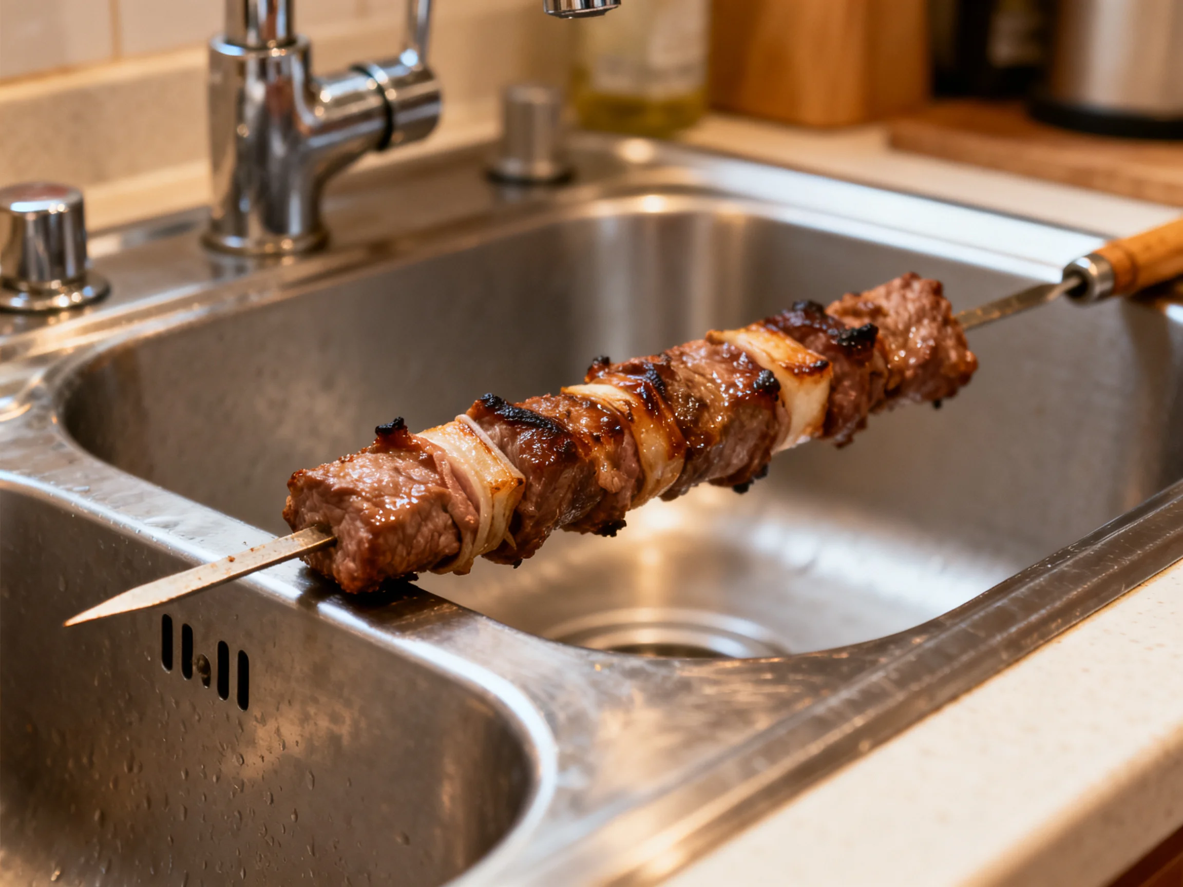 A grilled meat skewer with charred pieces sits over a stainless steel kitchen sink