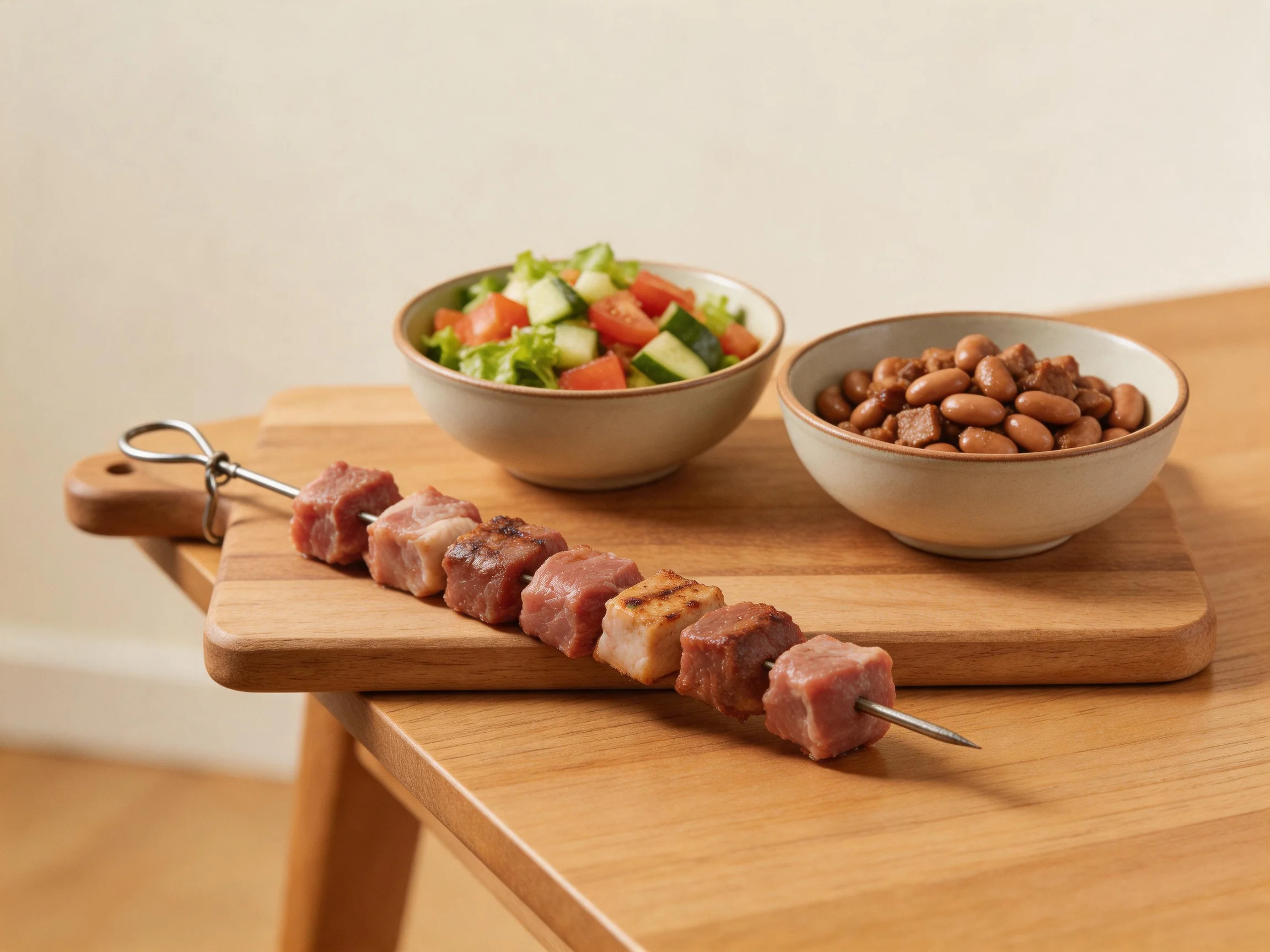 A grilled meat skewer with salad and bean bowl on wooden platter