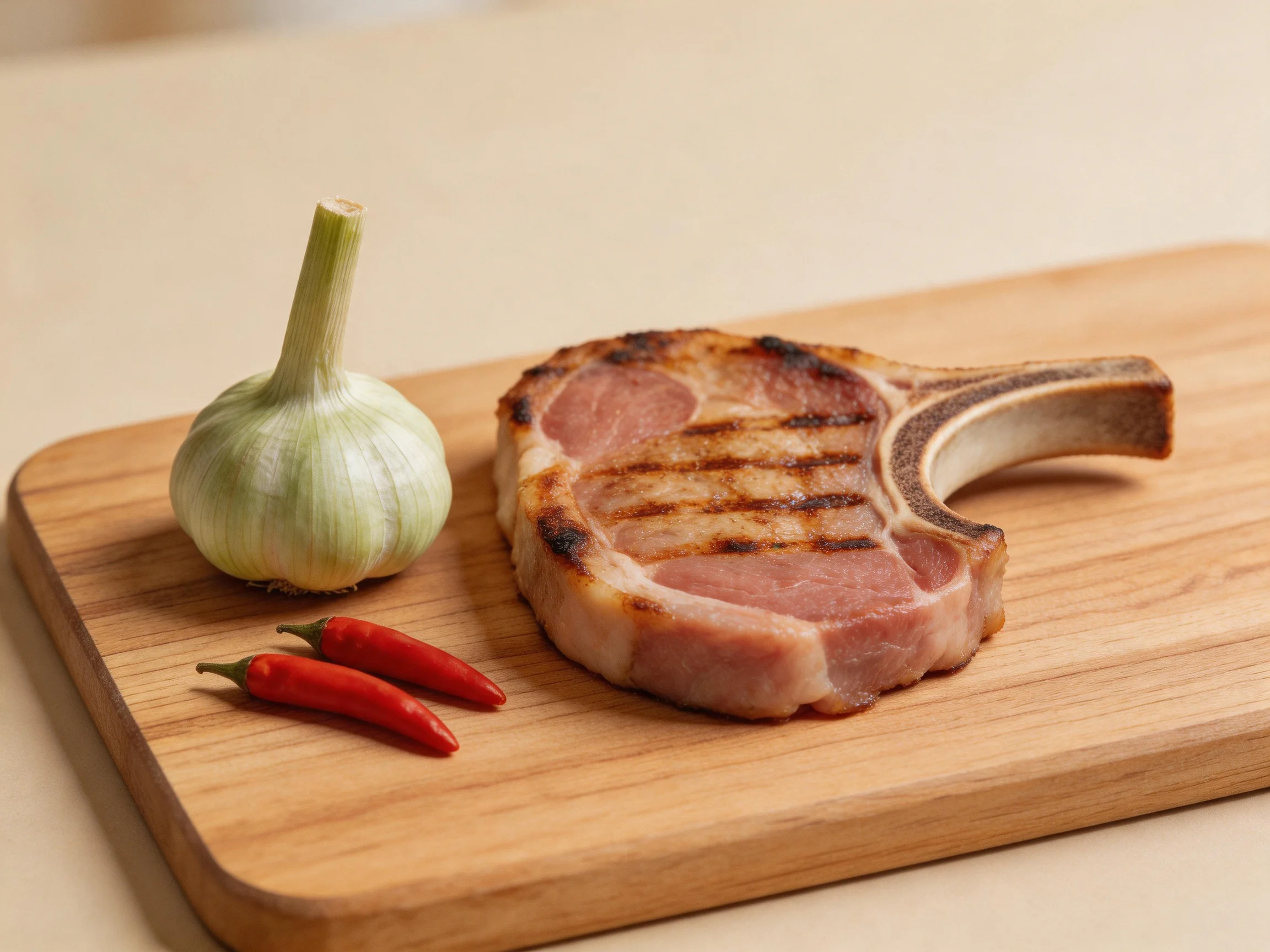 A grilled pork chop, garlic bulb, and two red chilies on a wooden cutting board