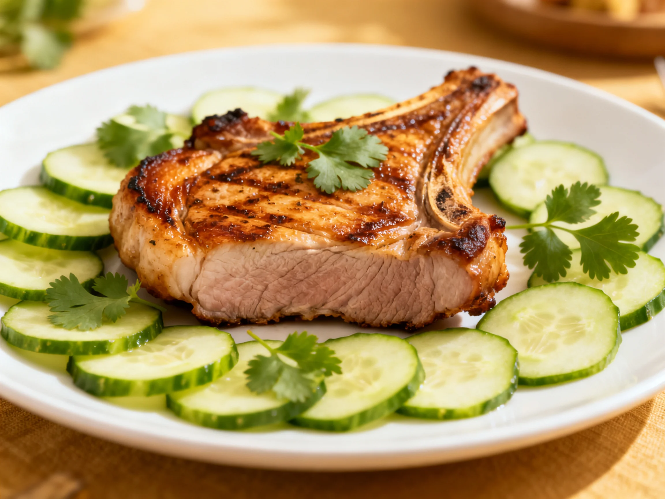 A grilled pork chop served with fresh cucumber slices and cilantro