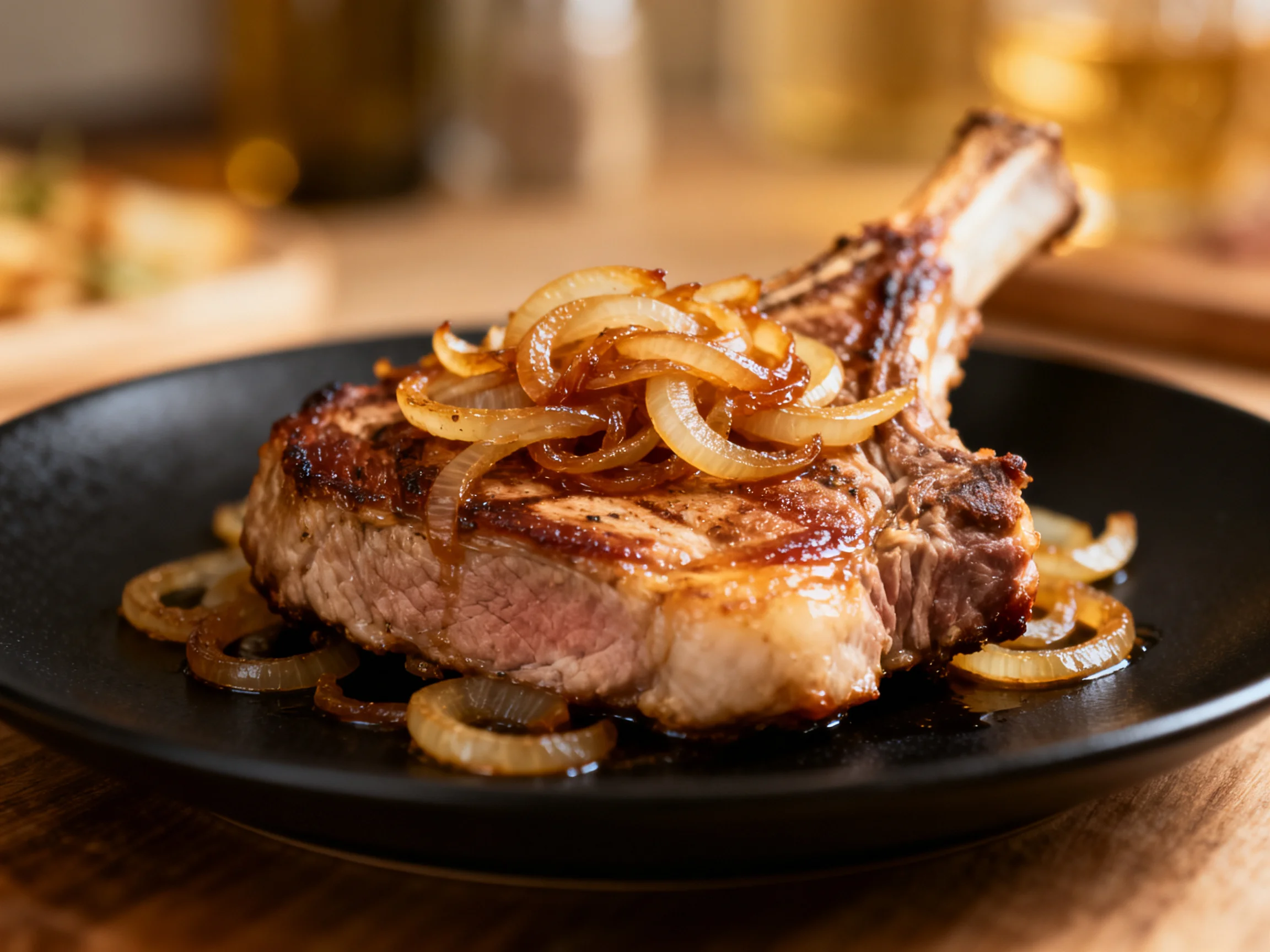 A grilled pork chop topped with caramelized onions on a black plate
