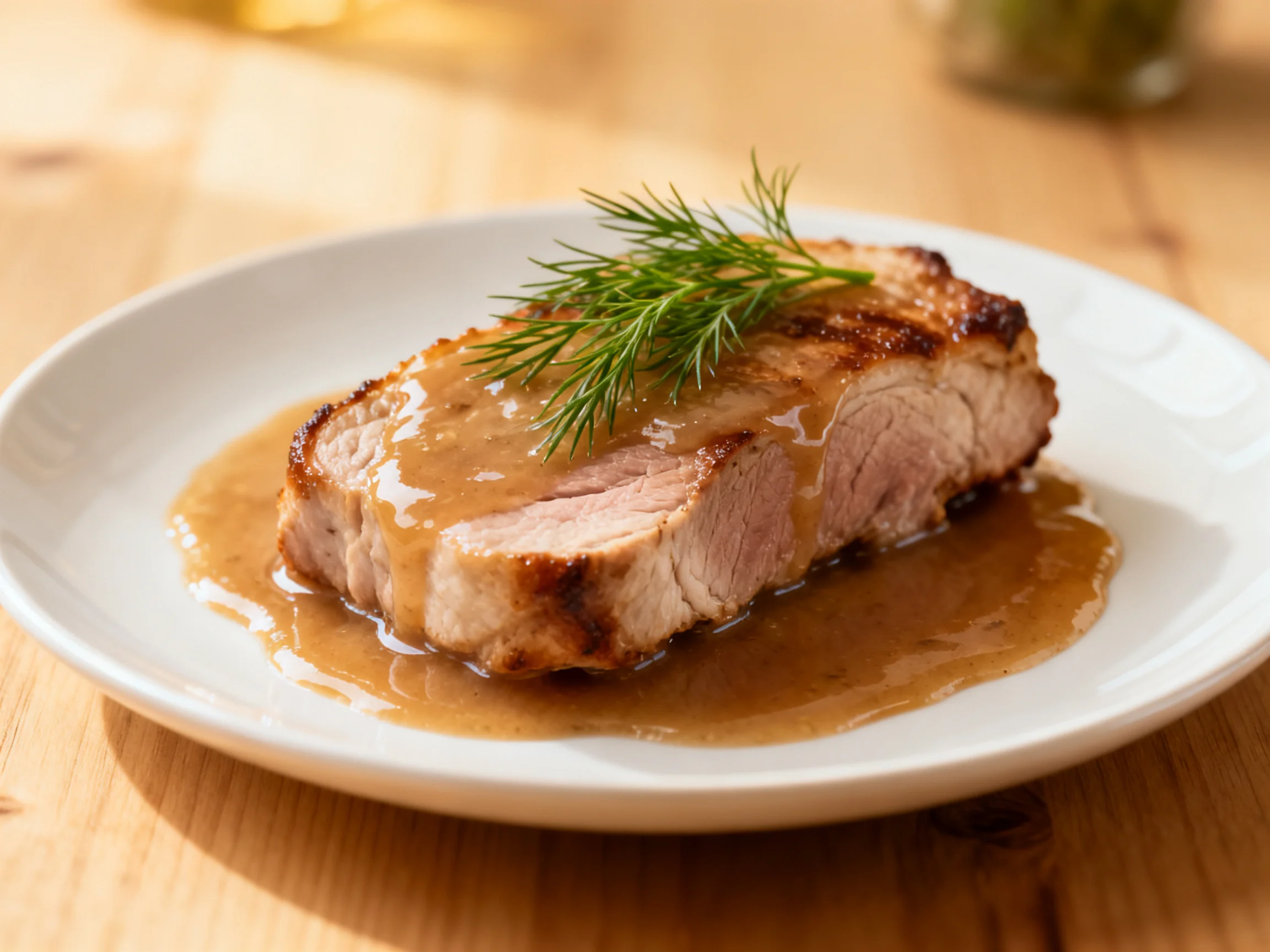 A grilled pork chop with brown sauce and fresh dill garnish