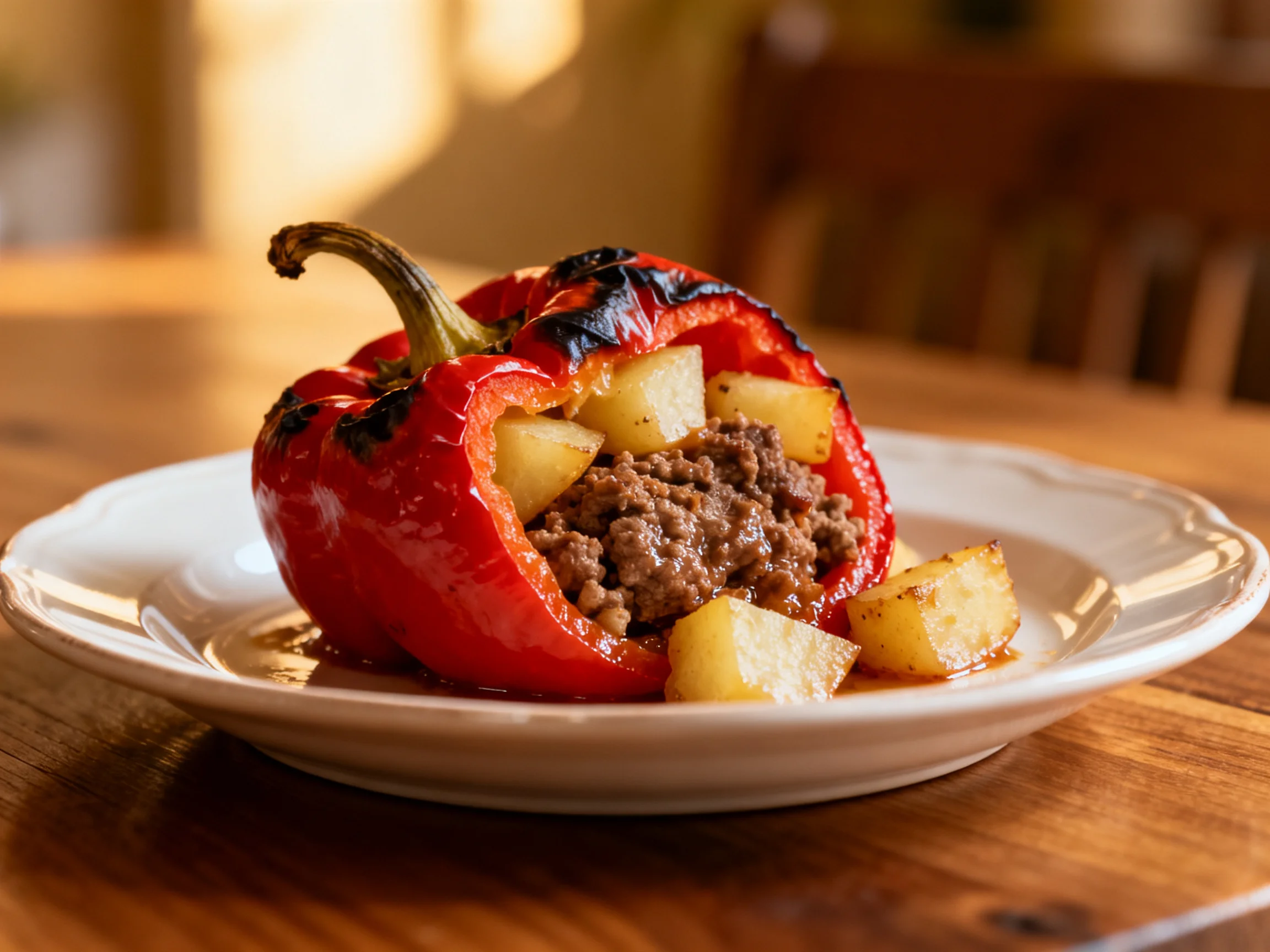 A grilled red bell pepper stuffed with ground beef and potato chunks