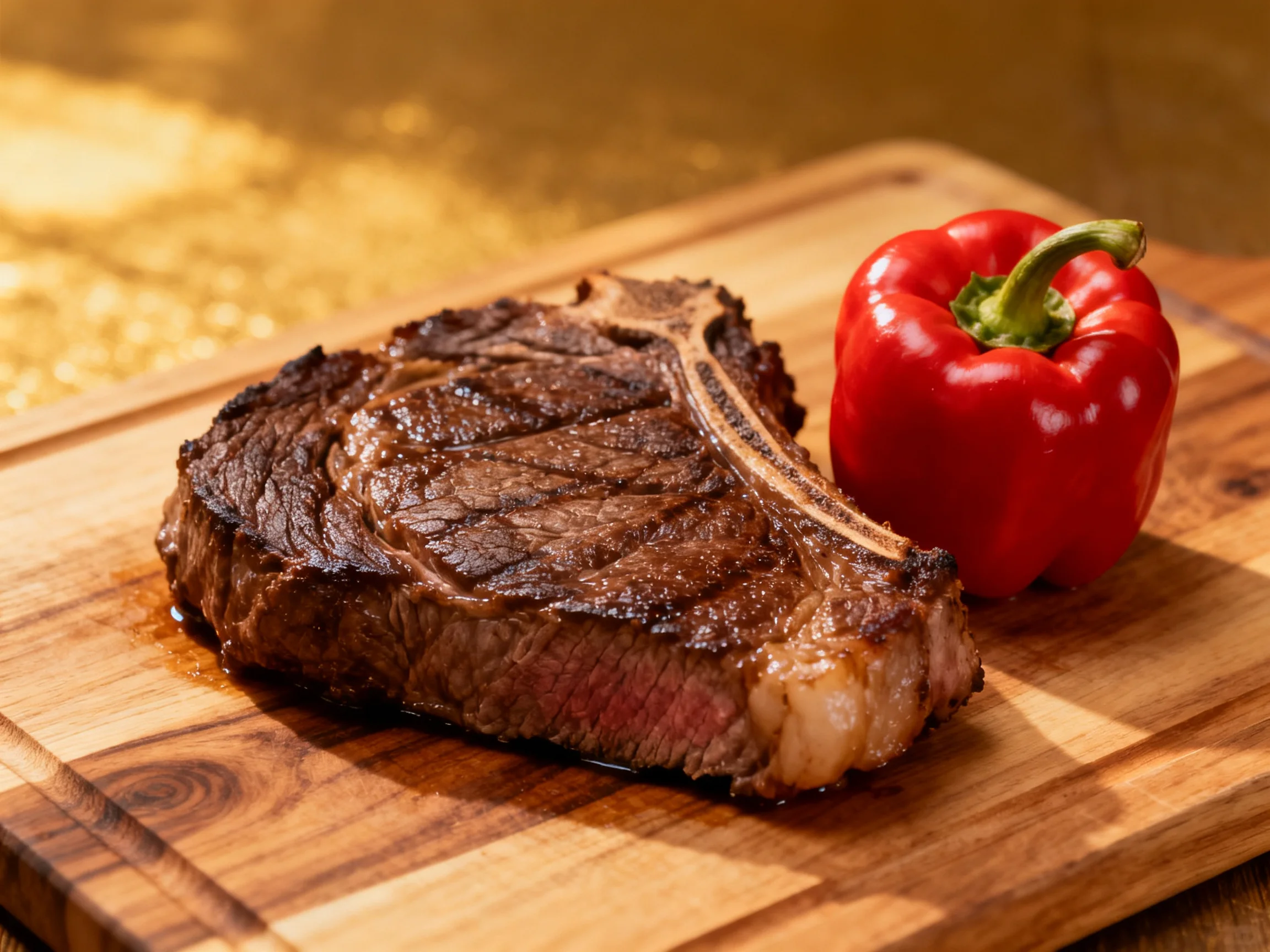 A grilled ribeye steak and vibrant red bell pepper on a wooden cutting board