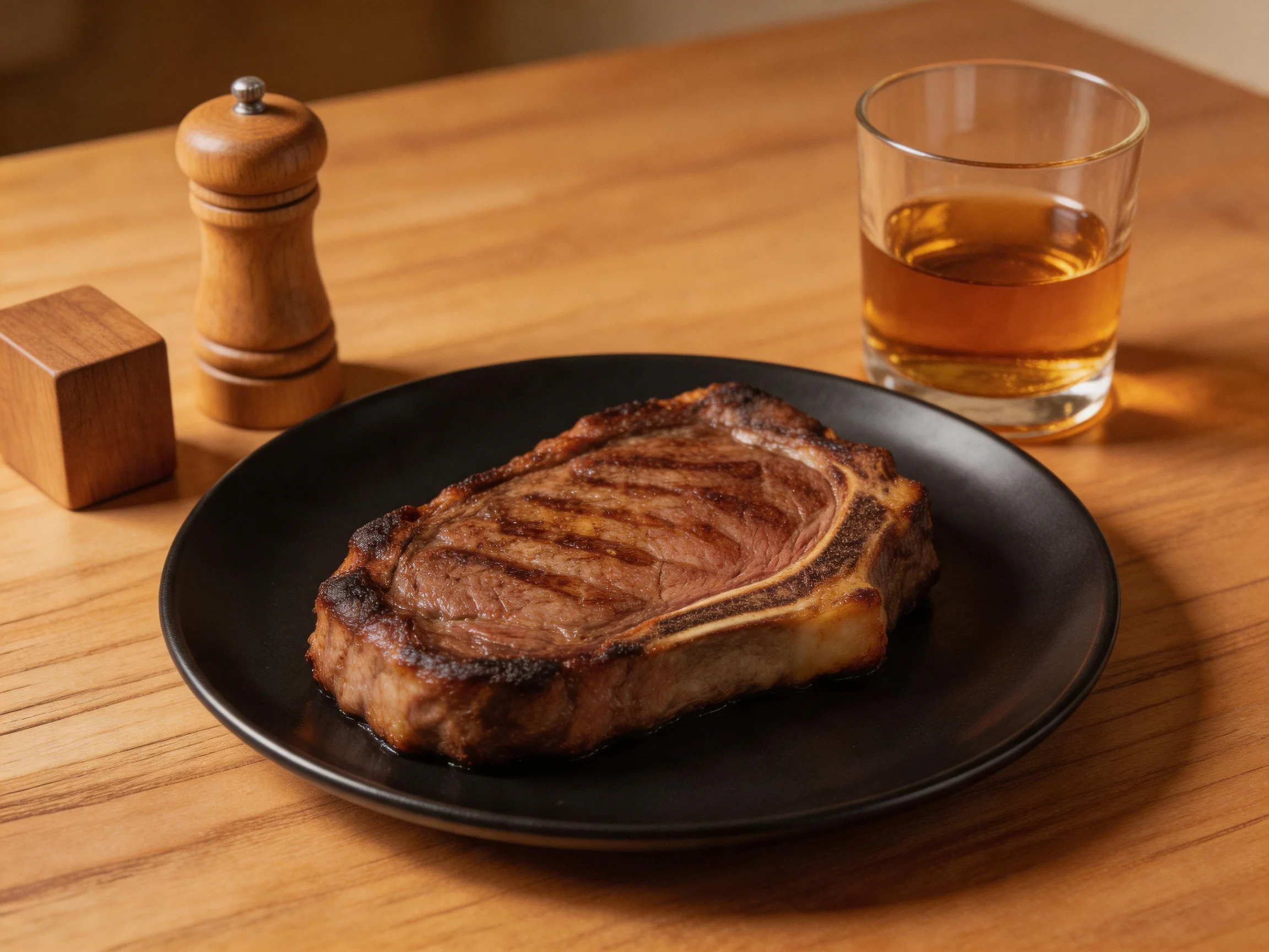 A grilled ribeye steak served on a black plate with amber whiskey and wooden utensils