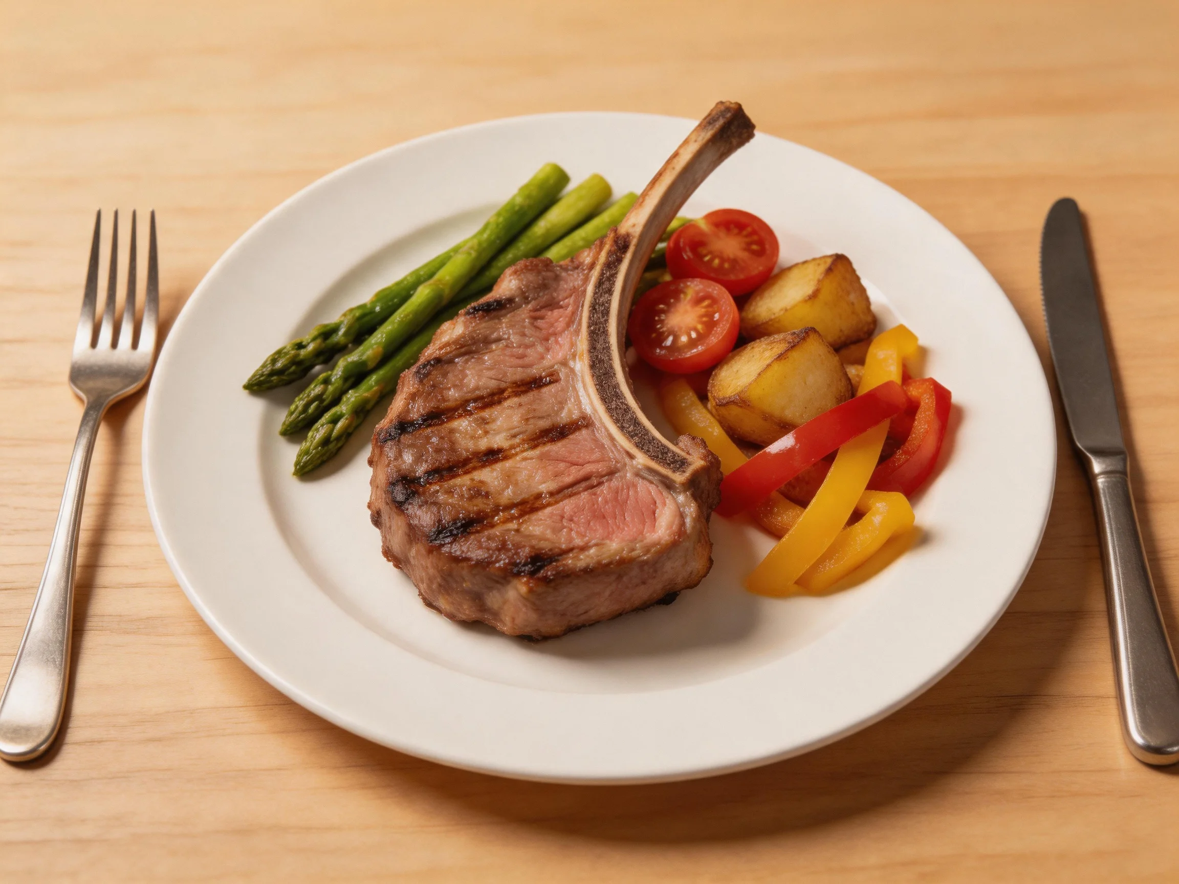 A grilled ribeye steak with asparagus, roasted veggies, and utensils